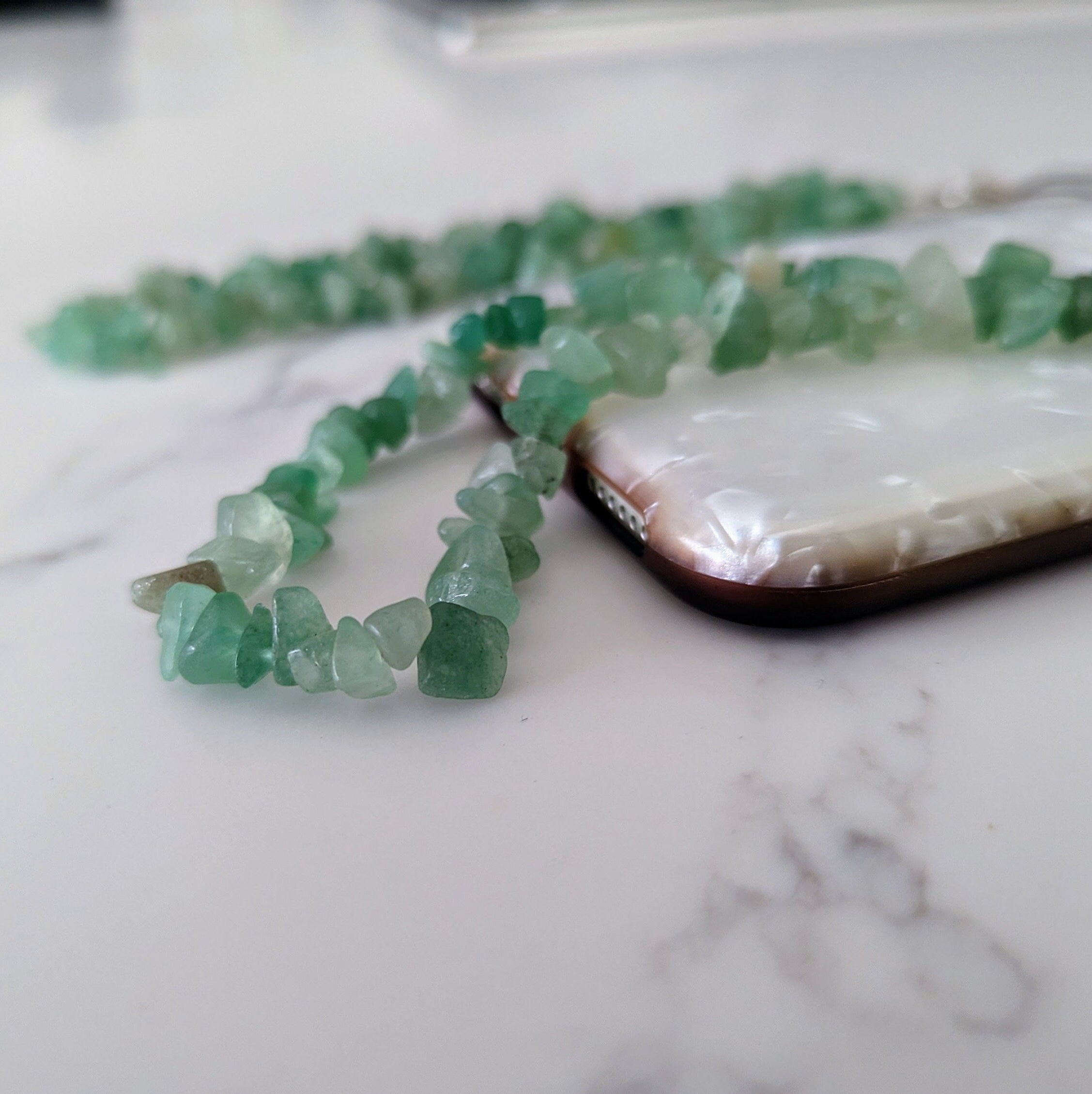 Crystal Phone Strap | Green Aventurine Beaded Phone Strap | Crushed Gemstone Phone Charm | Wrist Lanyard Keychain Beaded Stones Phone Chain