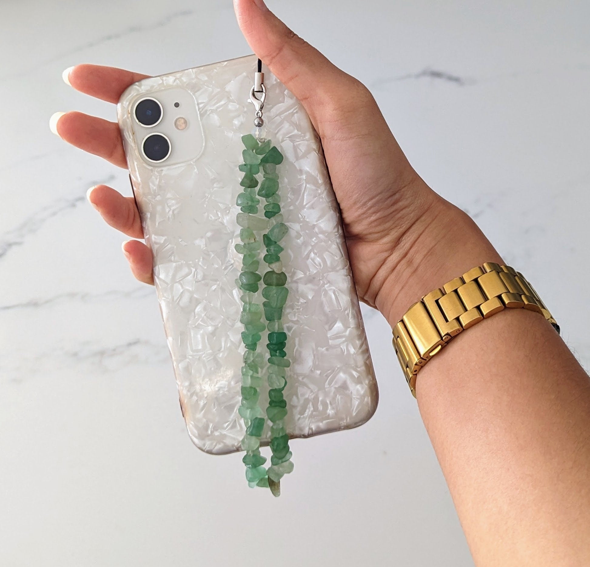 Crystal Phone Strap | Green Aventurine Beaded Phone Strap | Crushed Gemstone Phone Charm | Wrist Lanyard Keychain Beaded Stones Phone Chain