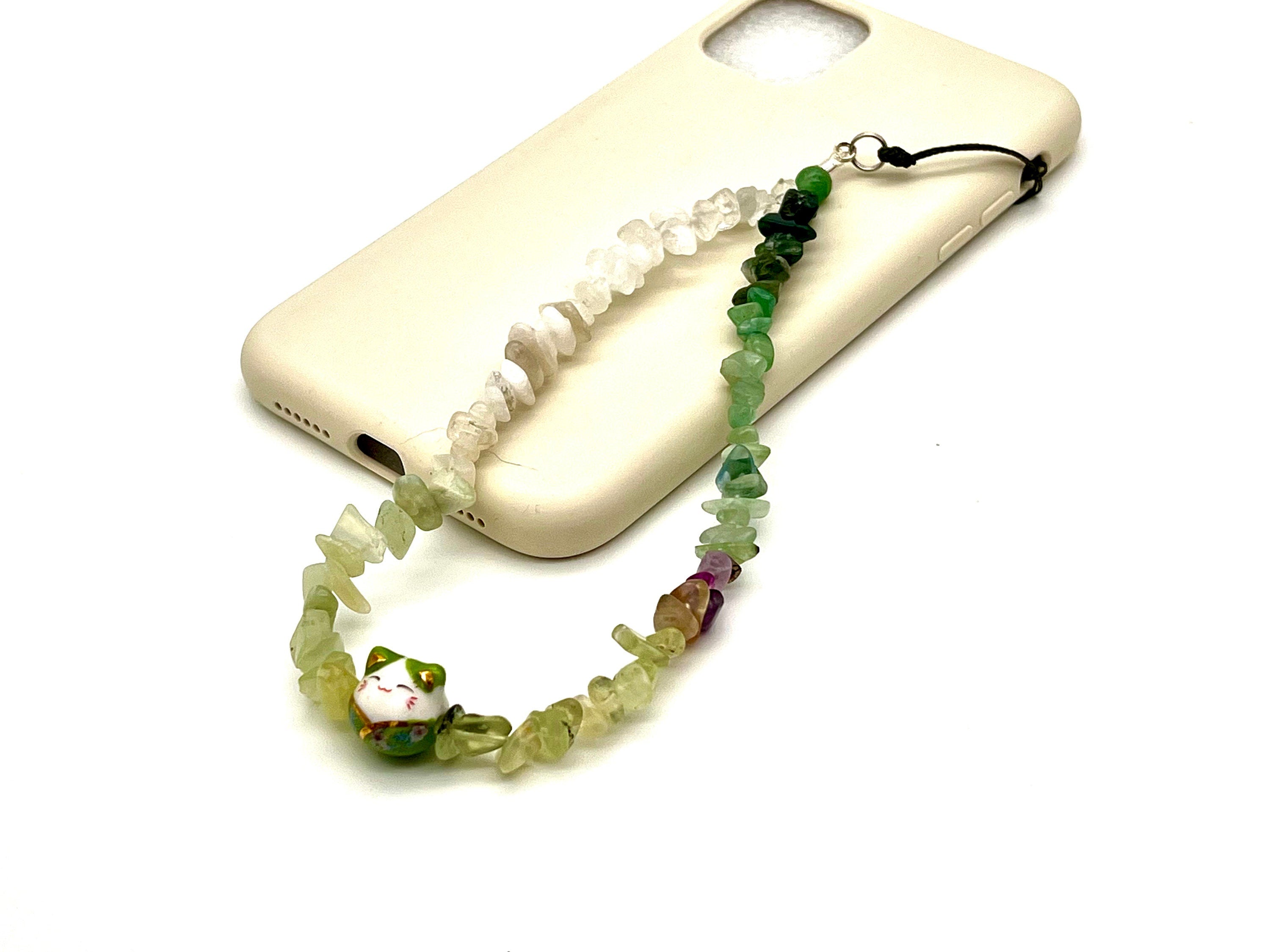 Lucky Cat Phone Strap: Aventurine Gemstone Beaded Wristlet