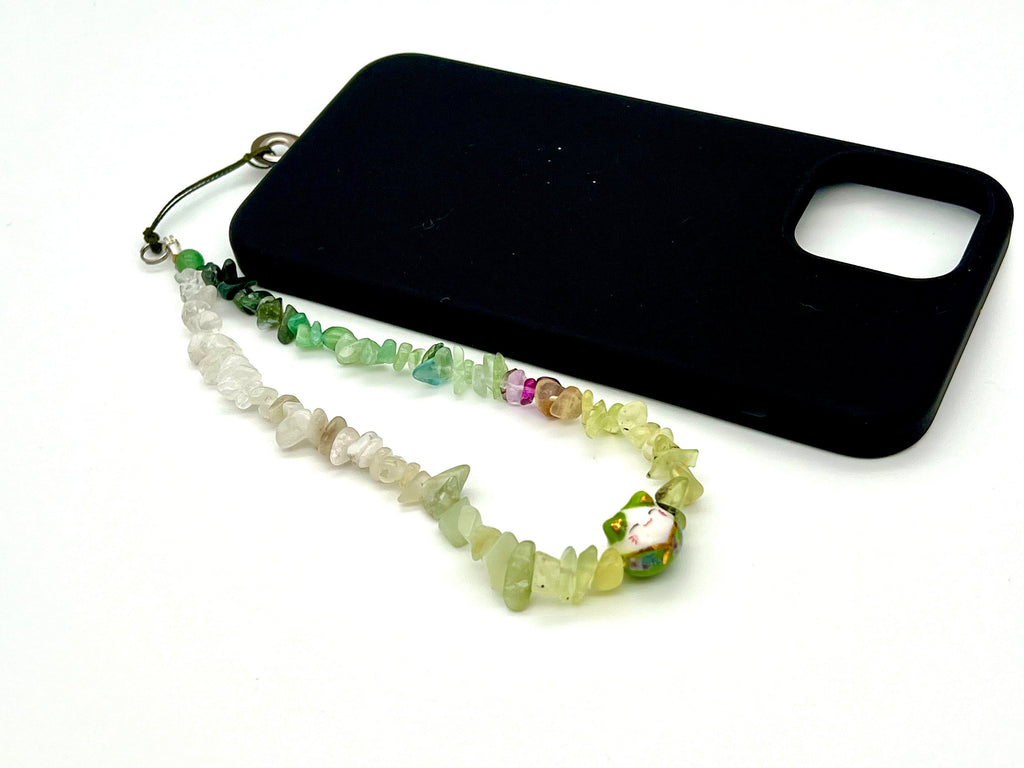 Lucky Cat Phone Strap: Aventurine Gemstone Beaded Wristlet