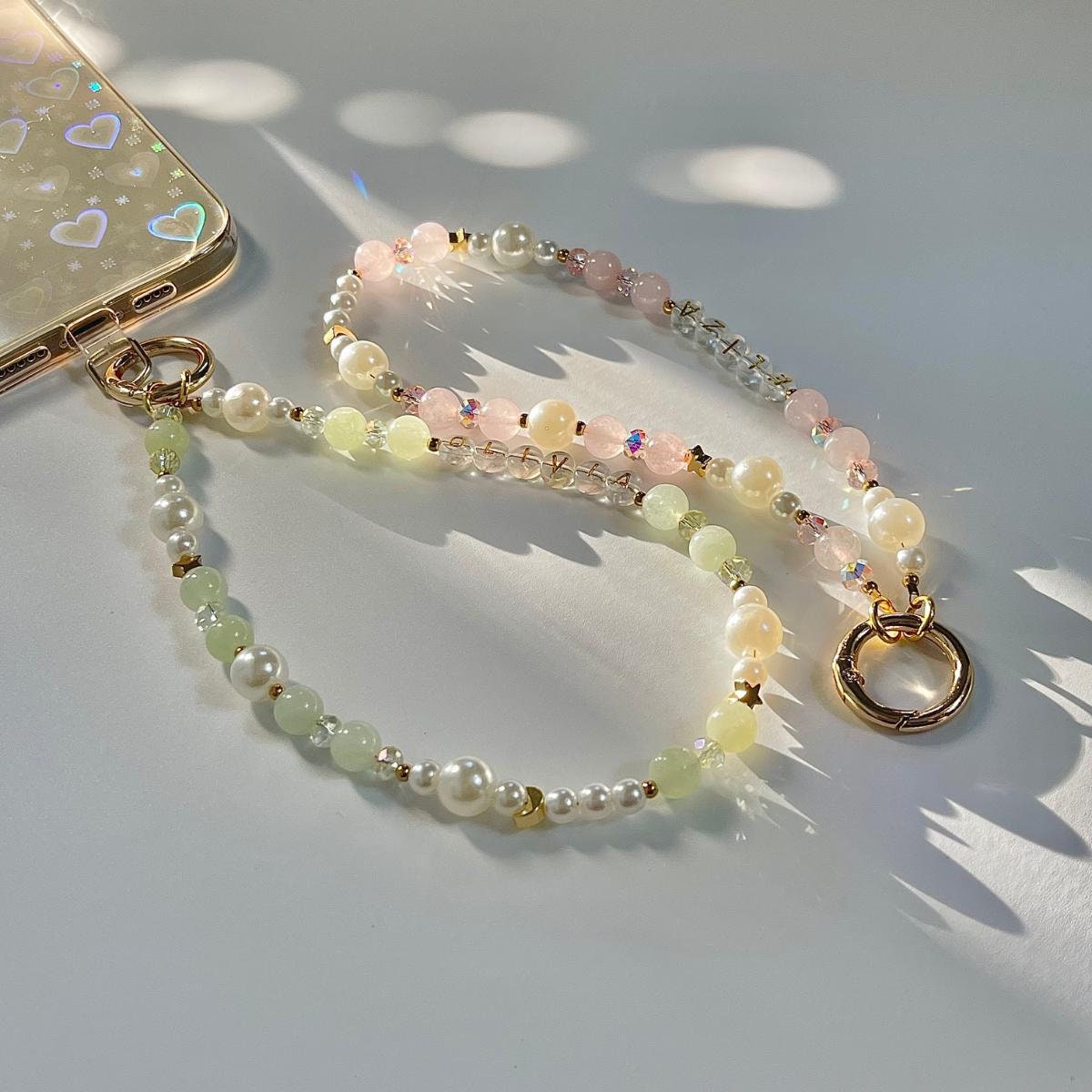 Personalised Phone Charm Custom Phone Strap Gemstone Healing Crystal Phone Chain Pearl Beaded Phone Charm Lanyard Gemstone Phone Wristlet