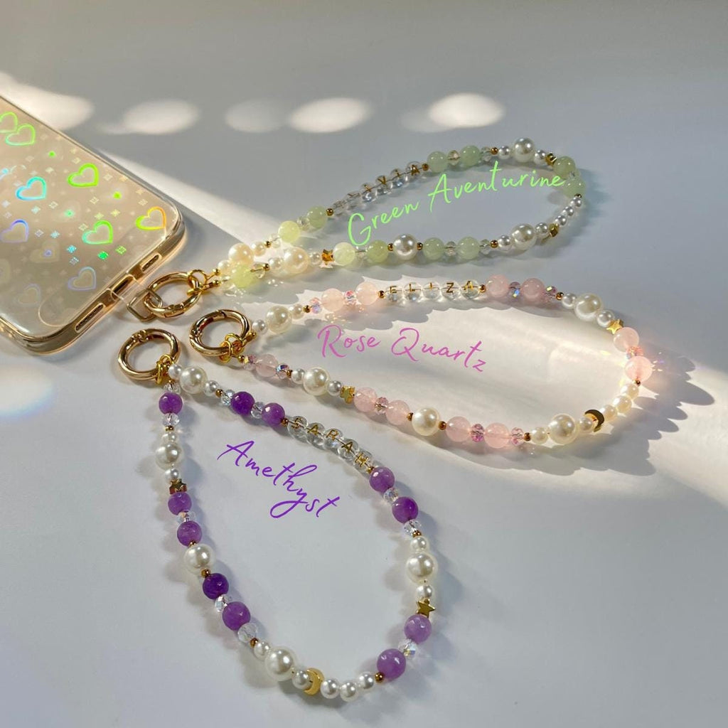 Personalised Phone Charm Custom Phone Strap Gemstone Healing Crystal Phone Chain Pearl Beaded Phone Charm Lanyard Gemstone Phone Wristlet