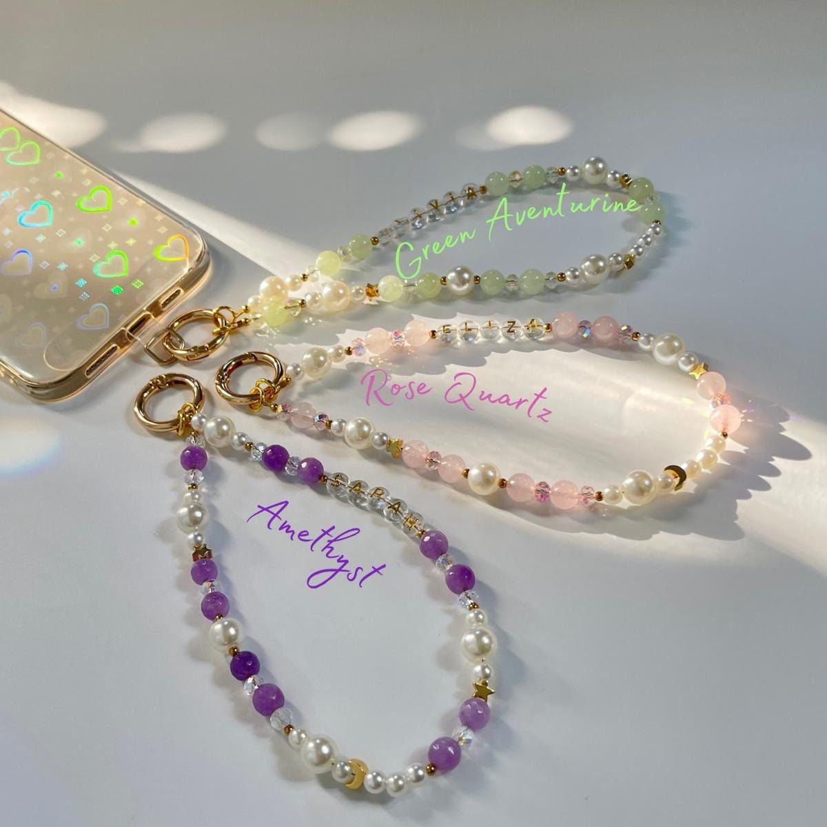 Personalised Phone Charm Custom Phone Strap Gemstone Healing Crystal Phone Chain Pearl Beaded Phone Charm Lanyard Gemstone Phone Wristlet