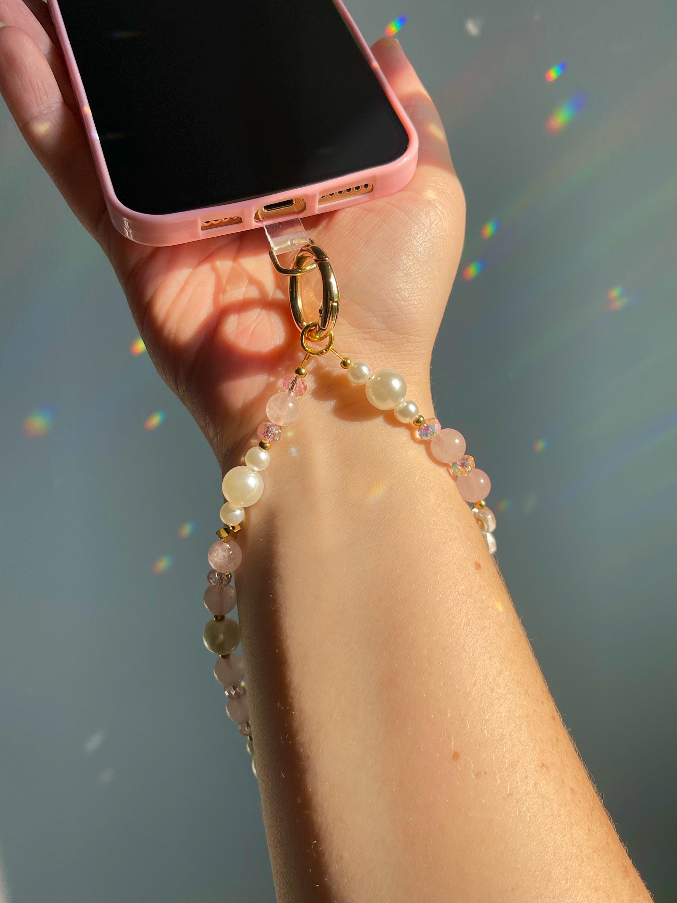 Personalised Phone Charm Custom Phone Strap Gemstone Healing Crystal Phone Chain Pearl Beaded Phone Charm Lanyard Gemstone Phone Wristlet