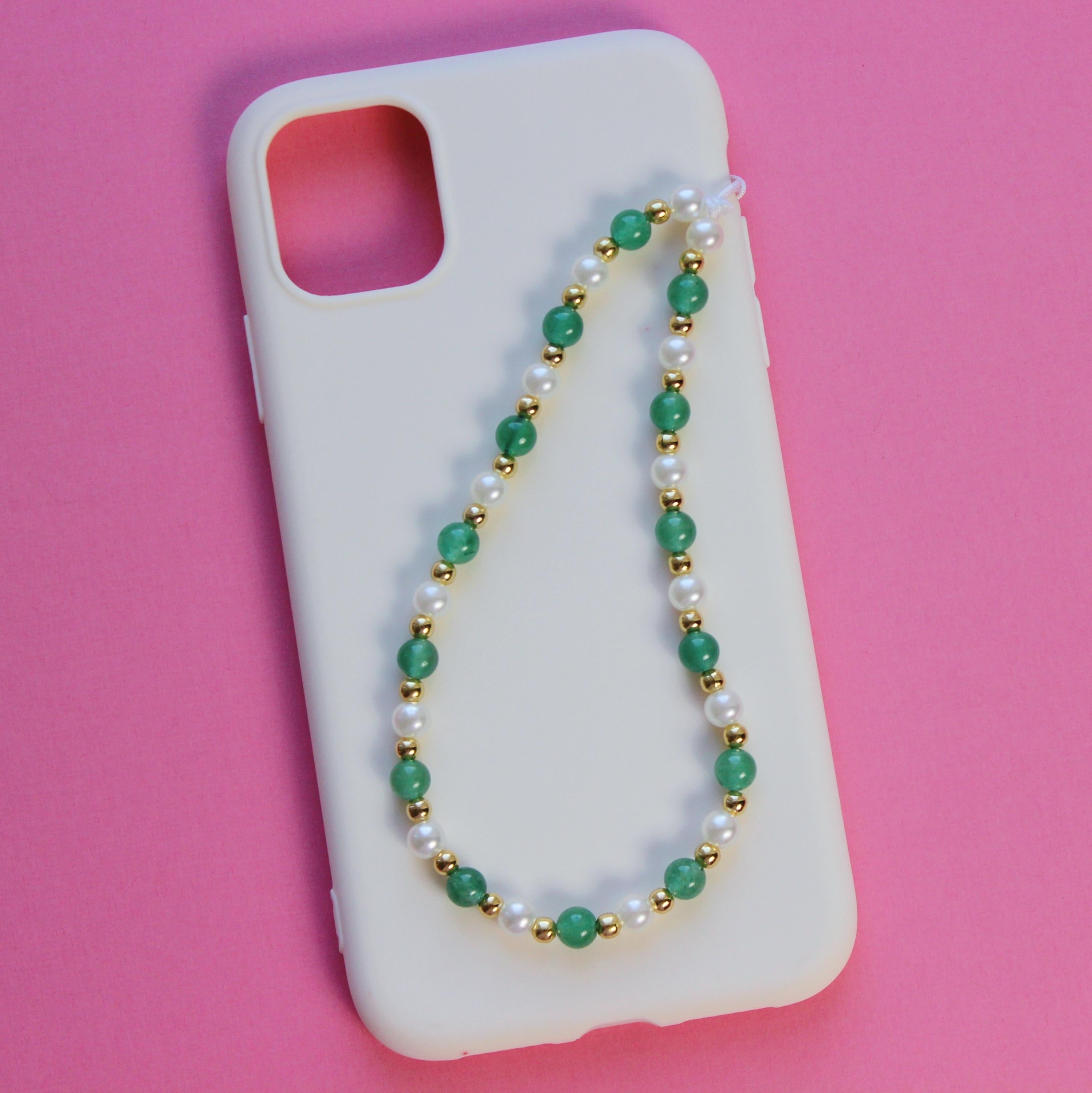 Green Phone Strap - Pearl Phone Strap Bead Phone Strap Crystal Phone Strap Cute Custom Phone Charm Strap Green Wrist Strap Aventurine Charm