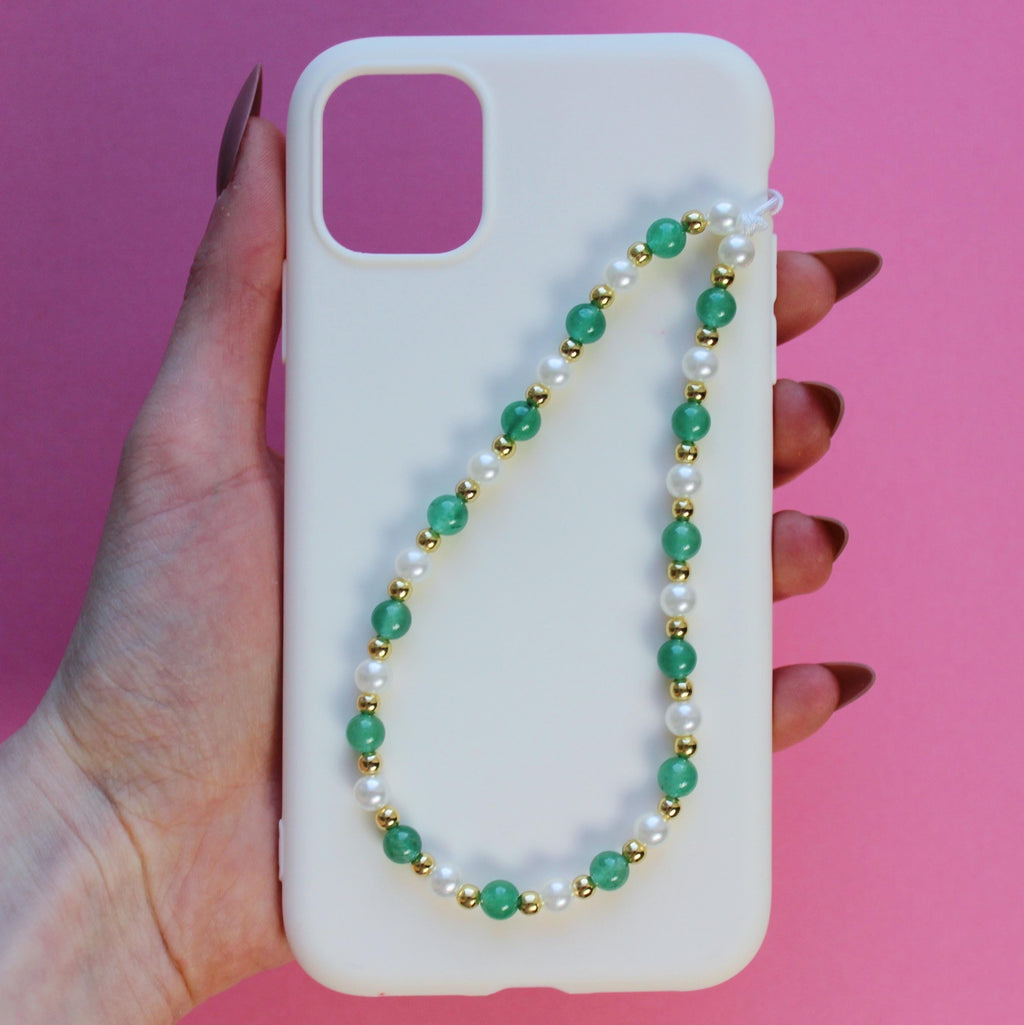 Green Phone Strap - Pearl Phone Strap Bead Phone Strap Crystal Phone Strap Cute Custom Phone Charm Strap Green Wrist Strap Aventurine Charm