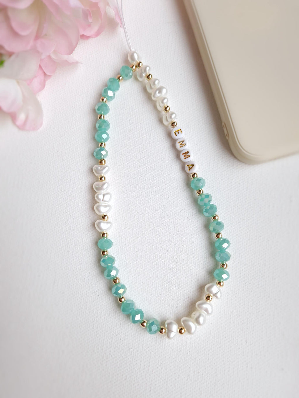 Personalised Beaded Phone Charm, Custom Green Pearl Cell Phone Camera Lanyard