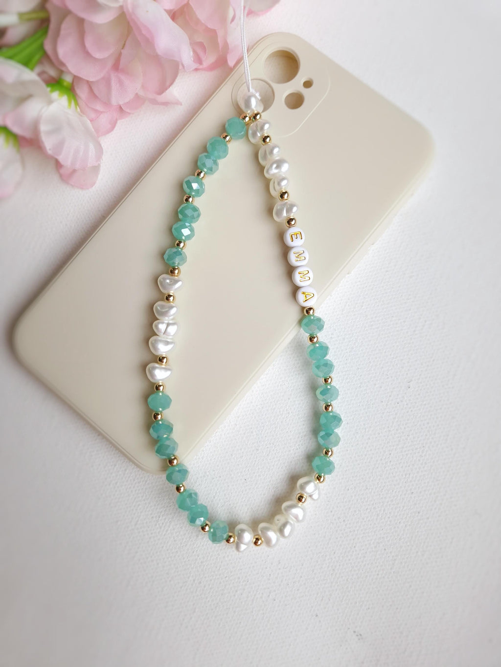 Personalised Beaded Phone Charm, Custom Green Pearl Cell Phone Camera Lanyard