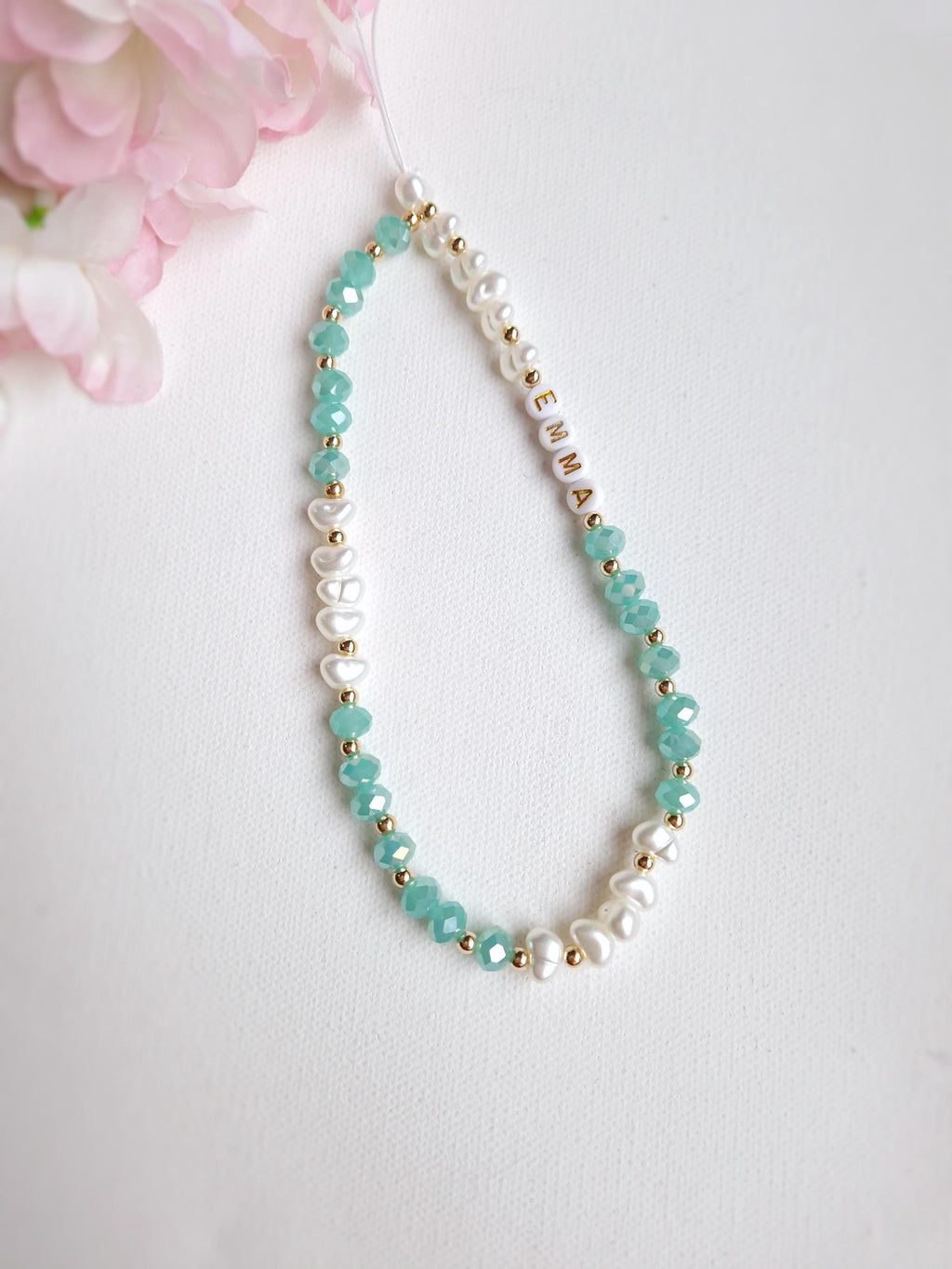 Personalised Beaded Phone Charm, Custom Green Pearl Cell Phone Camera Lanyard