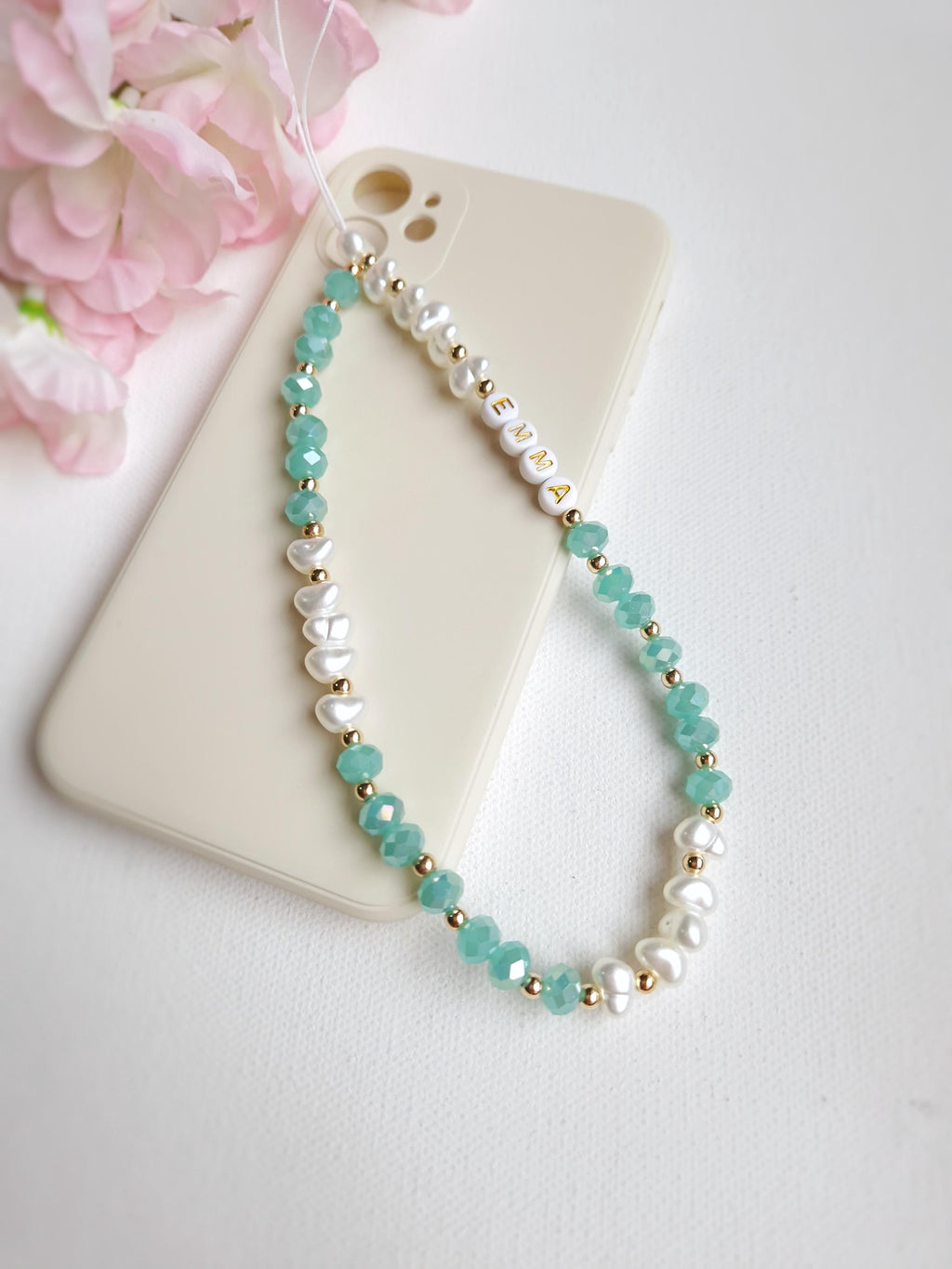 Personalised Beaded Phone Charm, Custom Green Pearl Cell Phone Camera Lanyard