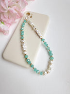 Personalised Beaded Phone Charm, Custom Green Pearl Cell Phone Camera Lanyard