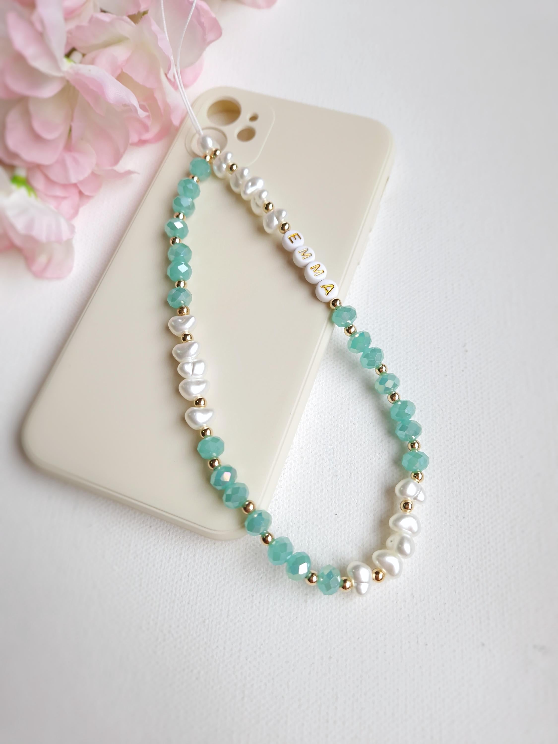 Personalised Beaded Phone Charm, Custom Green Pearl Cell Phone Camera Lanyard