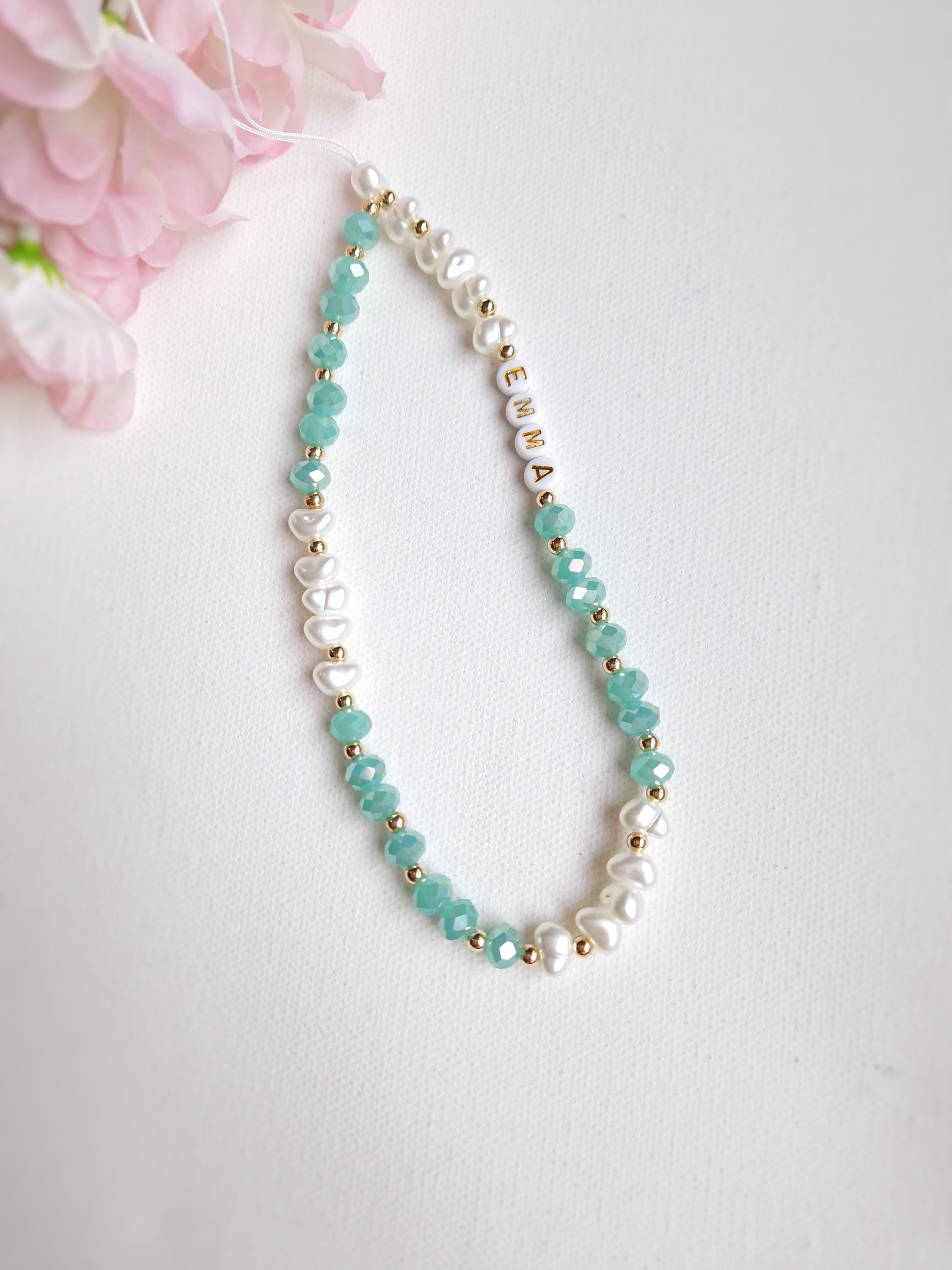 Personalised Beaded Phone Charm, Custom Green Pearl Cell Phone Camera Lanyard