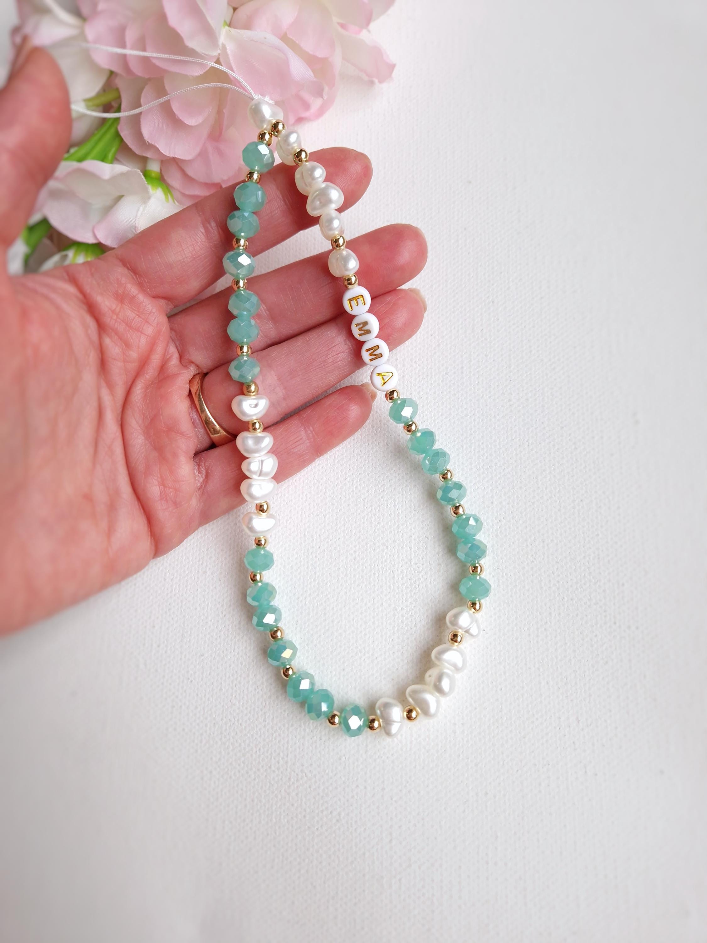 Personalised Beaded Phone Charm, Custom Green Pearl Cell Phone Camera Lanyard