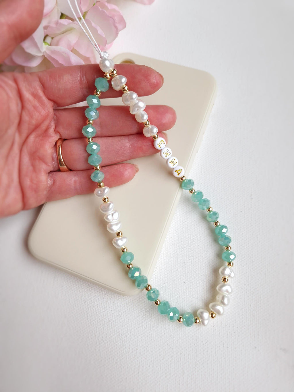 Personalised Beaded Phone Charm, Custom Green Pearl Cell Phone Camera Lanyard