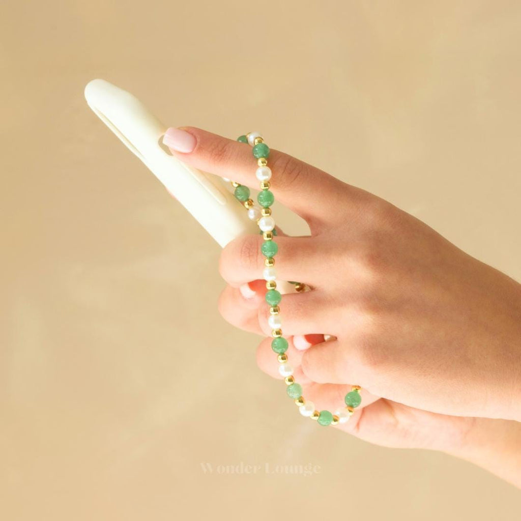 Green Phone Strap - Pearl Phone Strap Bead Phone Strap Crystal Phone Strap Cute Custom Phone Charm Strap Green Wrist Strap Aventurine Charm