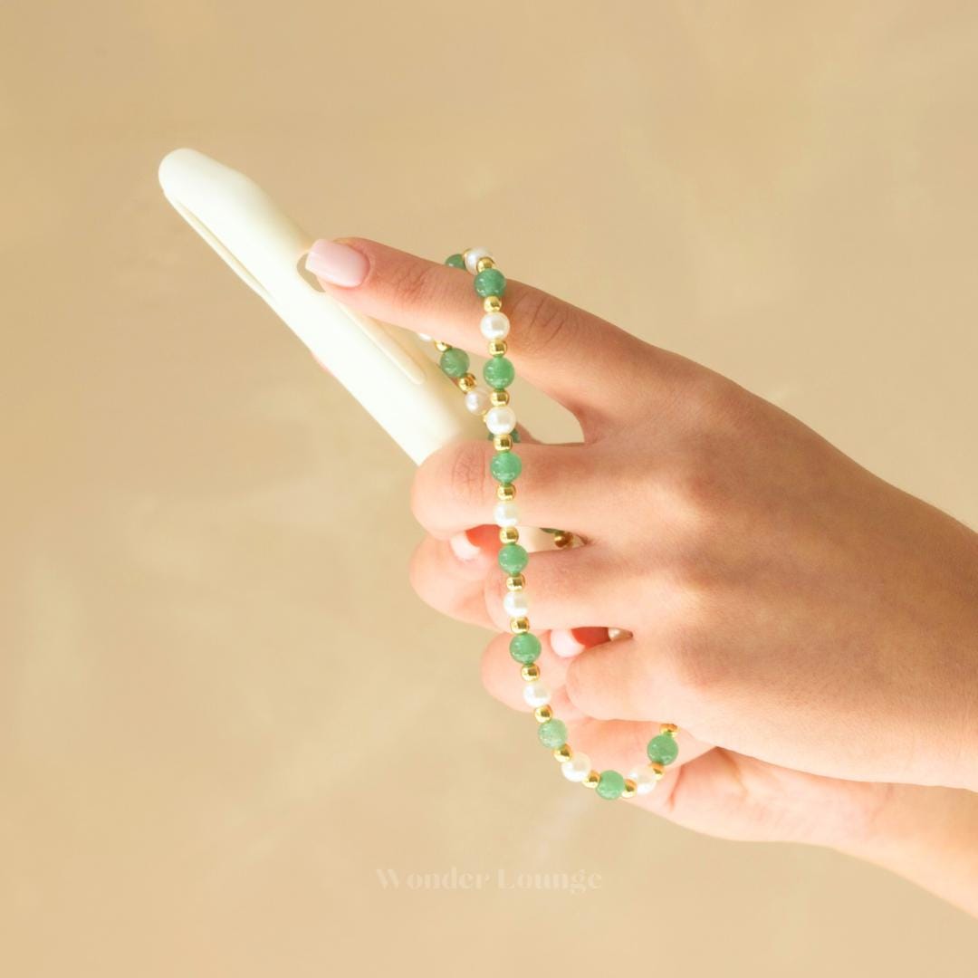 Green Phone Strap - Pearl Phone Strap Bead Phone Strap Crystal Phone Strap Cute Custom Phone Charm Strap Green Wrist Strap Aventurine Charm