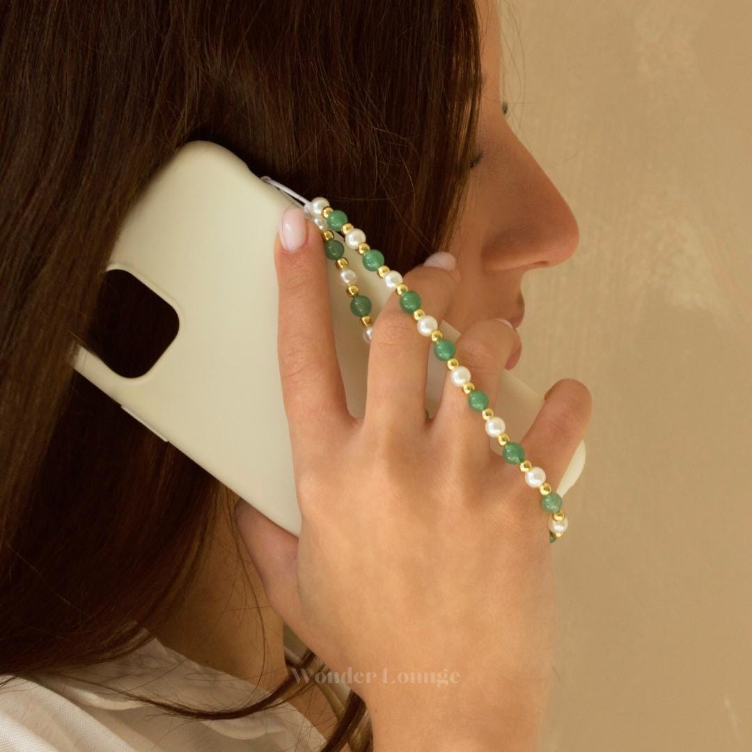 Green Phone Strap - Pearl Phone Strap Bead Phone Strap Crystal Phone Strap Cute Custom Phone Charm Strap Green Wrist Strap Aventurine Charm