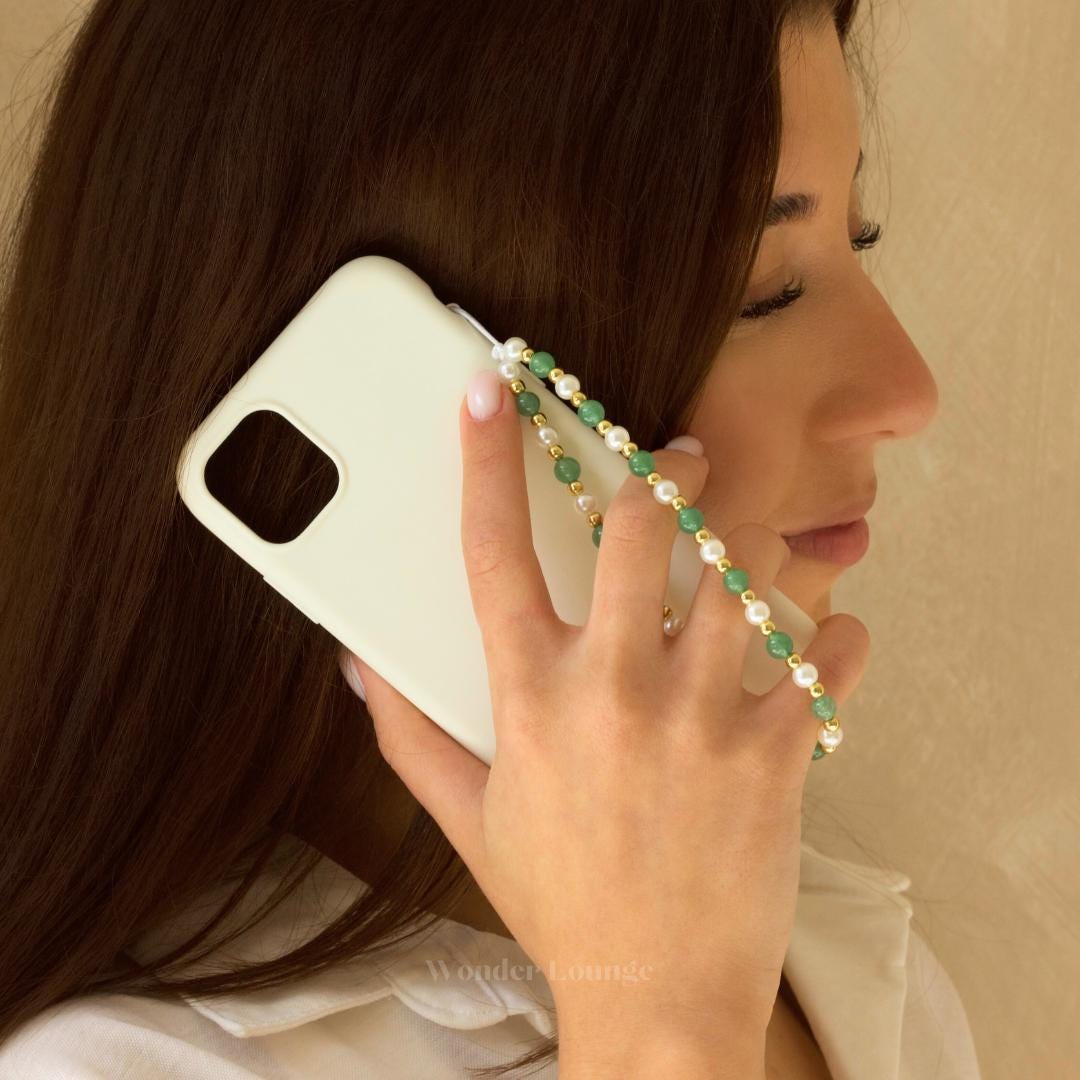 Green Phone Strap - Pearl Phone Strap Bead Phone Strap Crystal Phone Strap Cute Custom Phone Charm Strap Green Wrist Strap Aventurine Charm