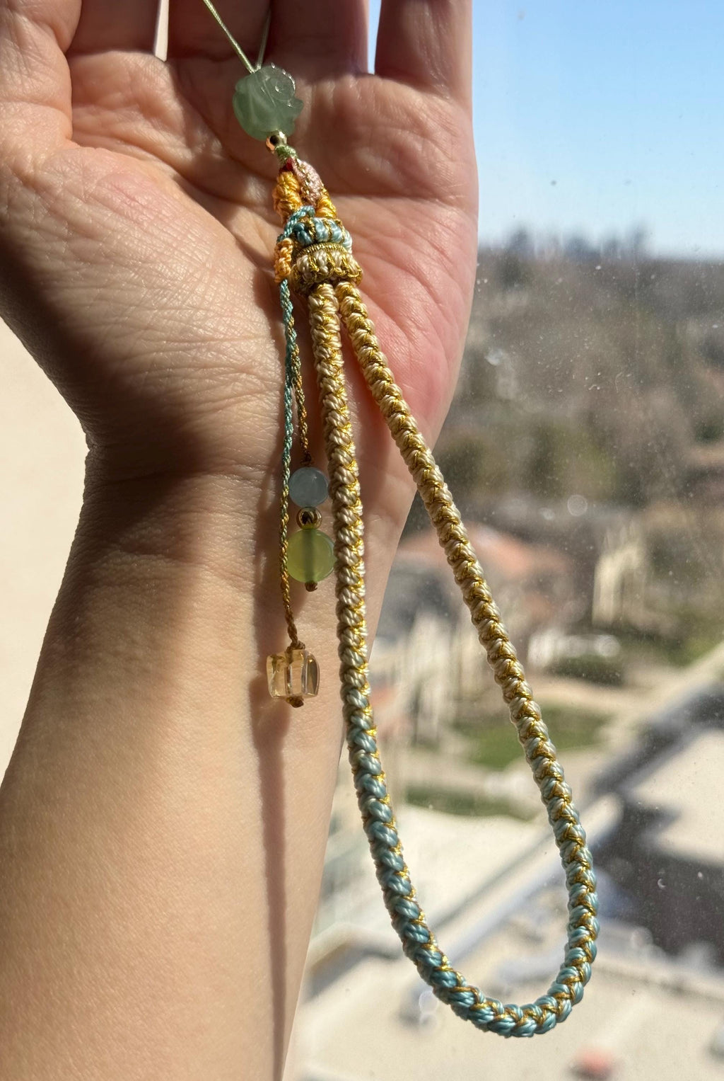 Handmade Phone Strap / Camera Lanyard With Gemstones, Braided Wristlet With Rose Charm #14