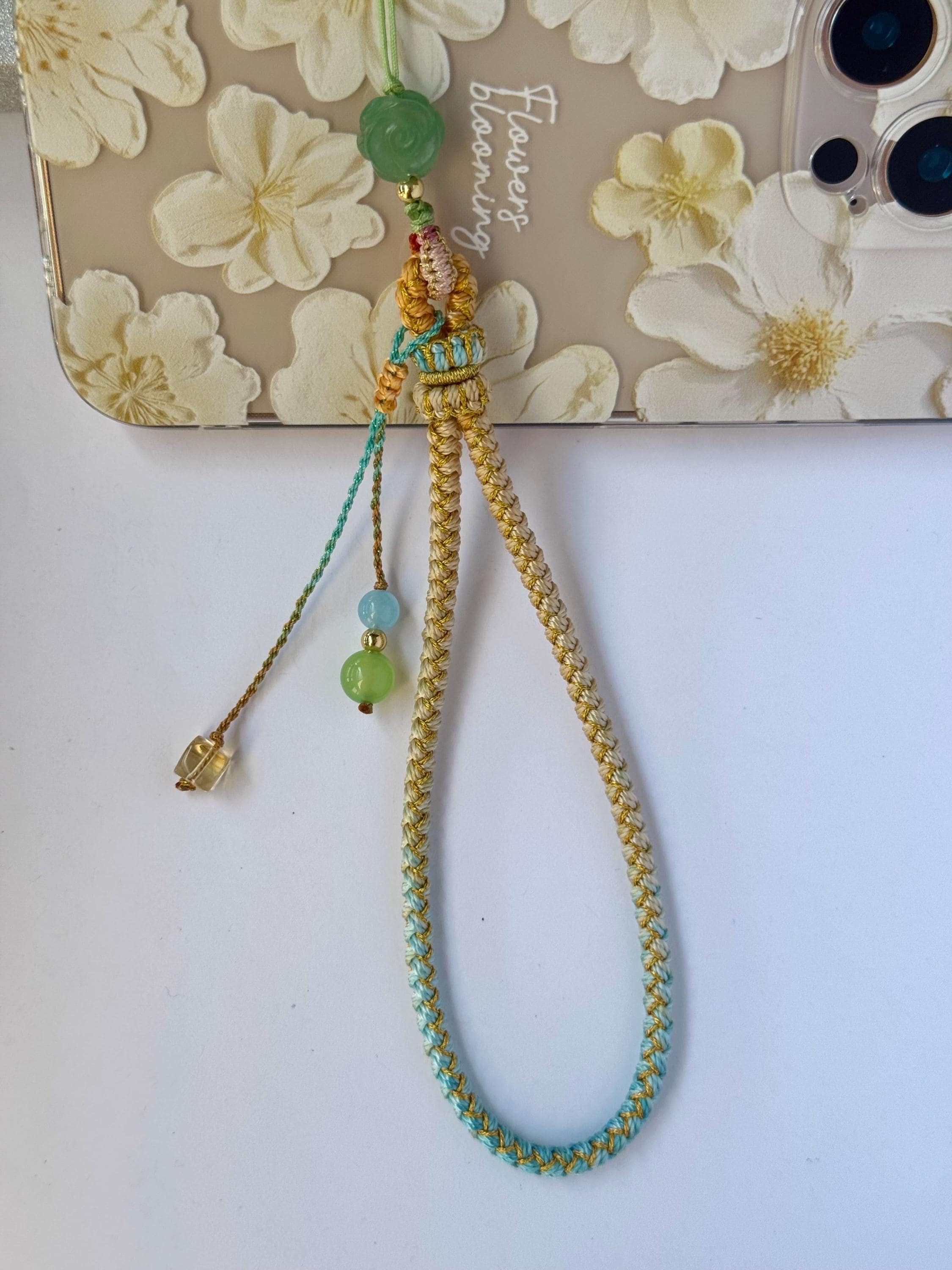 Handmade Phone Strap / Camera Lanyard With Gemstones, Braided Wristlet With Rose Charm #14