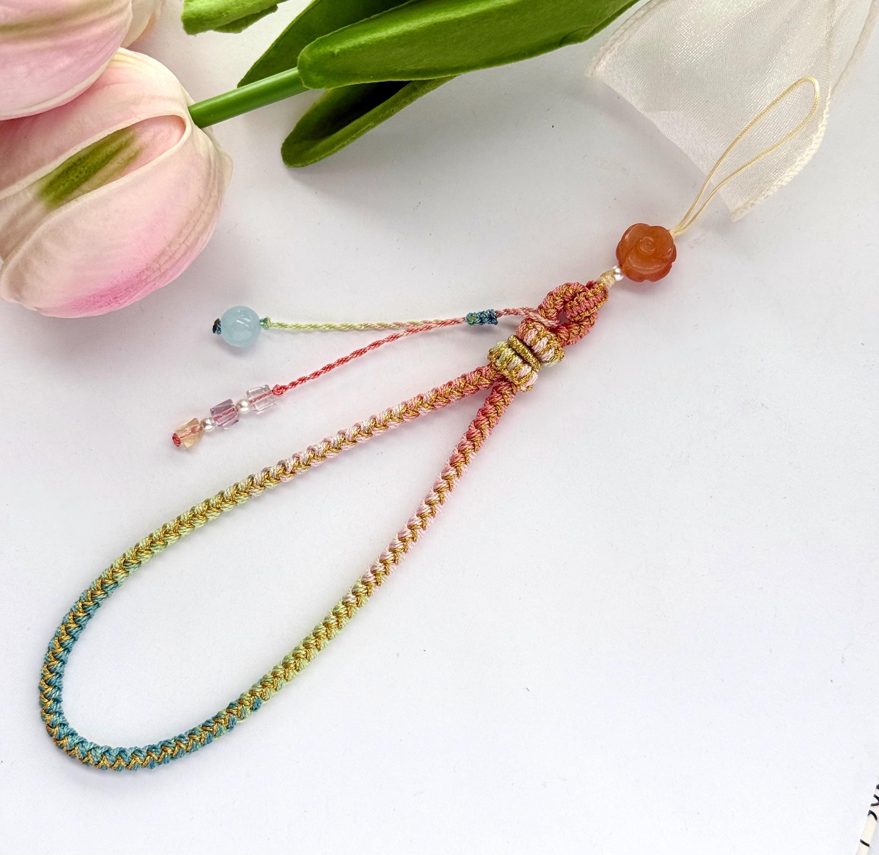 Handmade Phone Strap / Camera Lanyard With Gemstones, Braided Wristlet With Rose Charm #14