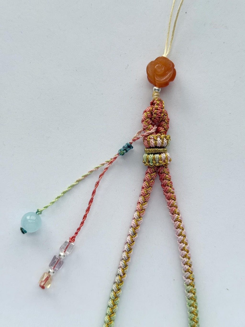 Handmade Phone Strap / Camera Lanyard With Gemstones, Braided Wristlet With Rose Charm #14