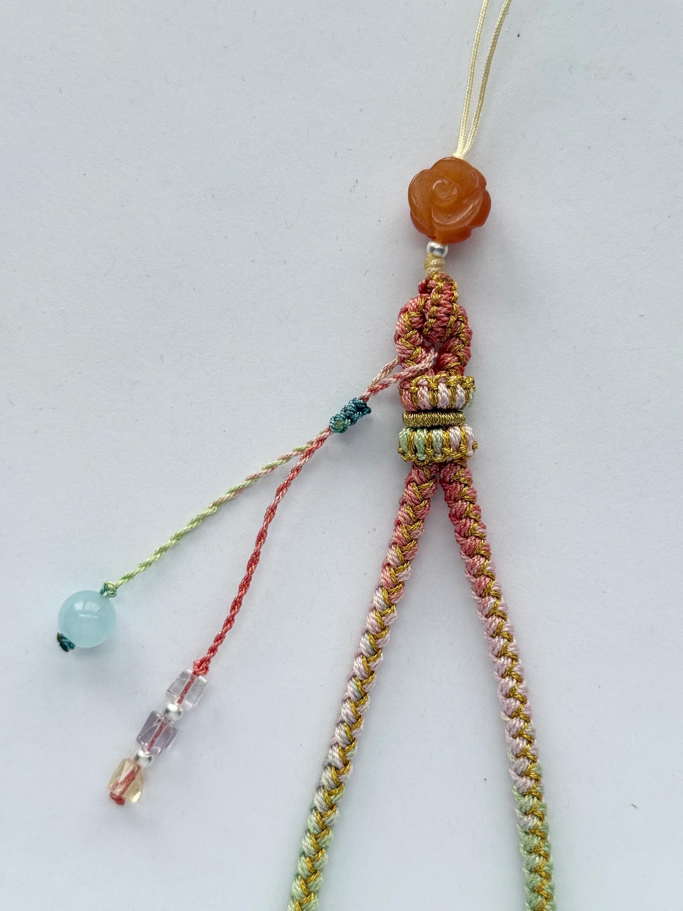 Handmade Phone Strap / Camera Lanyard With Gemstones, Braided Wristlet With Rose Charm #14