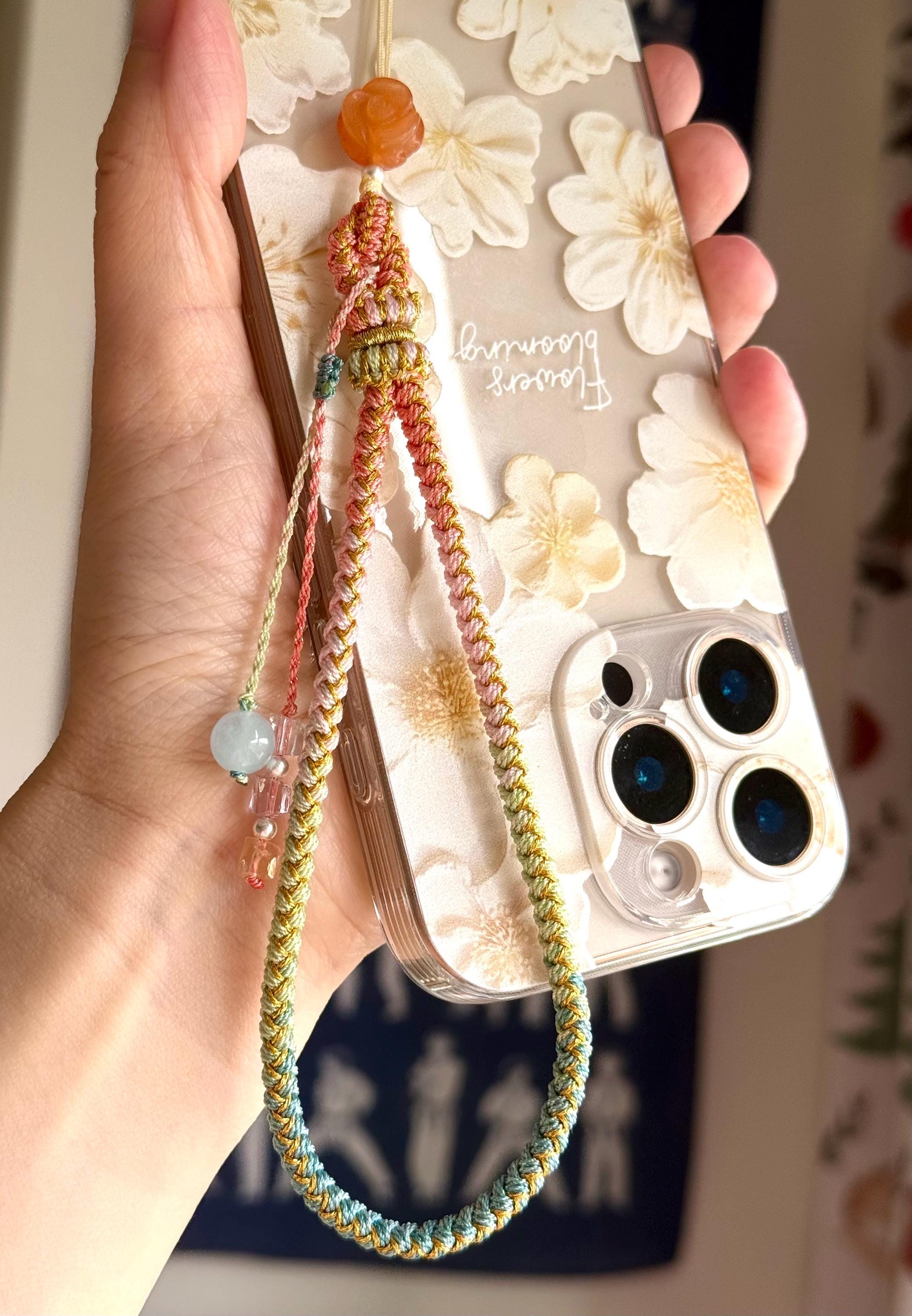 Handmade Phone Strap / Camera Lanyard With Gemstones, Braided Wristlet With Rose Charm #14