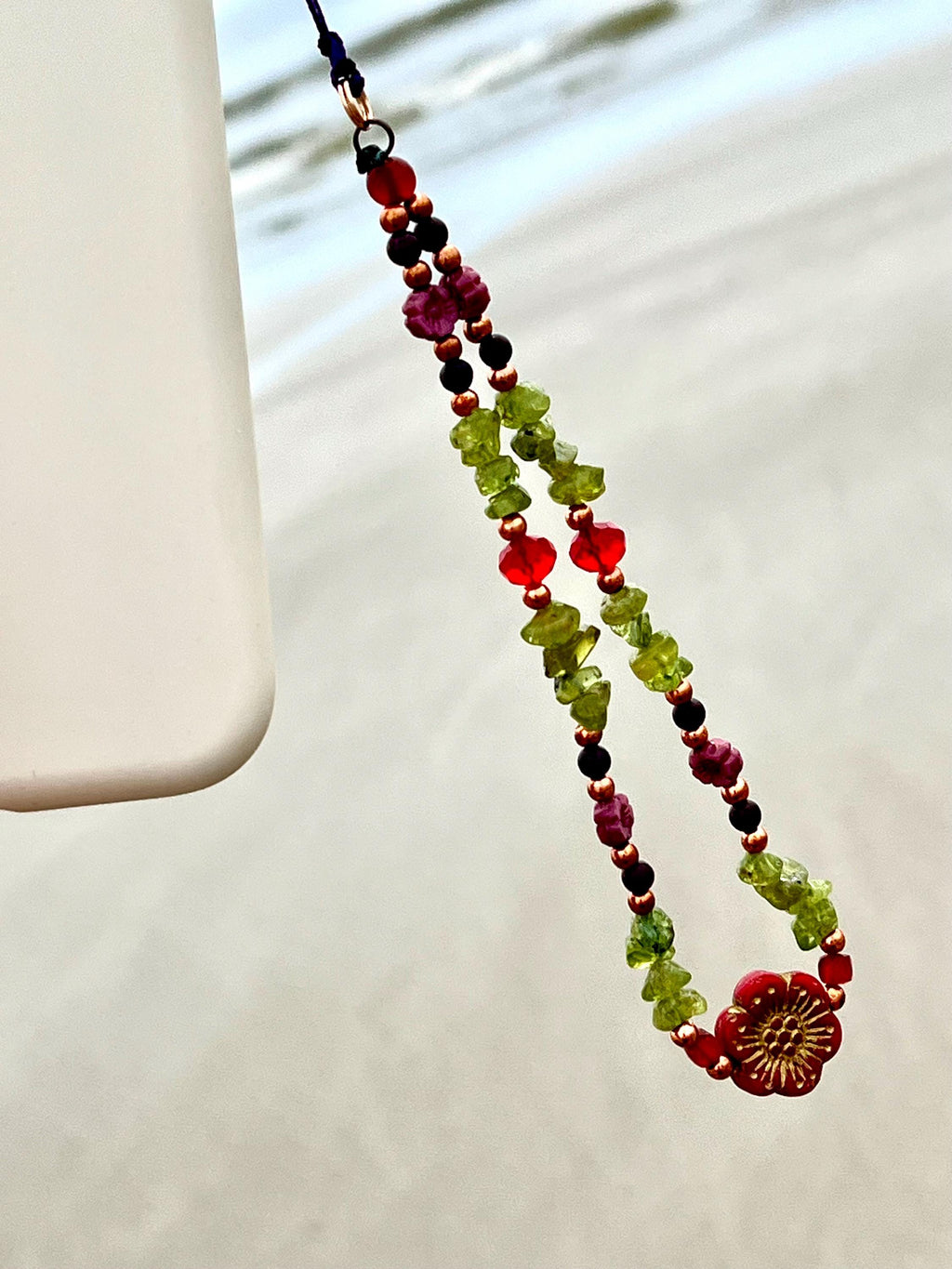 Peridot Phone Chain, August Zodiac Gemstone Strap, Healing Crystal Phone Bracelet, Bead Key Charm, Floral Phone Wristlet, Phone Case String