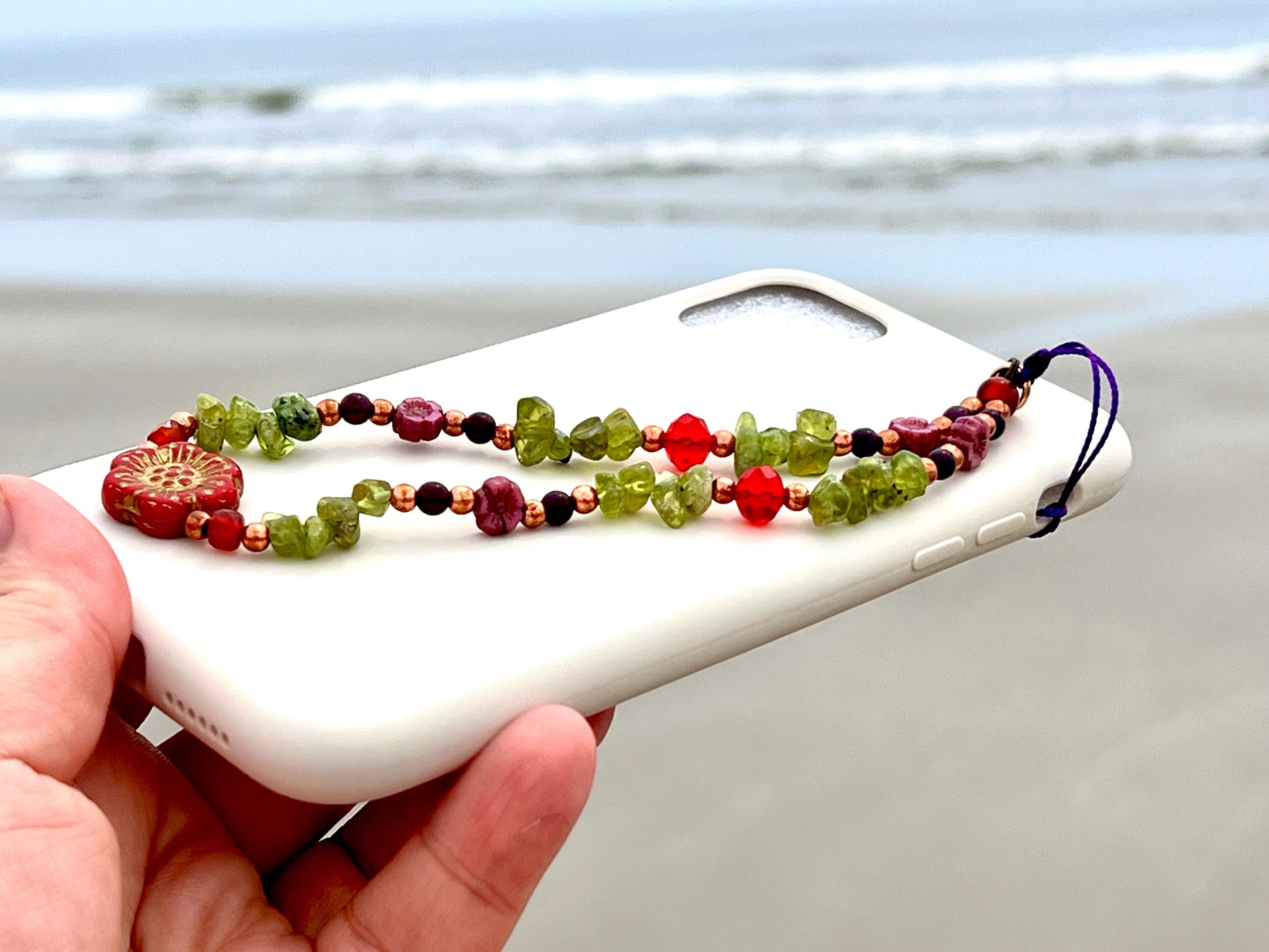 Peridot Phone Chain, August Zodiac Gemstone Strap, Healing Crystal Phone Bracelet, Bead Key Charm, Floral Phone Wristlet, Phone Case String