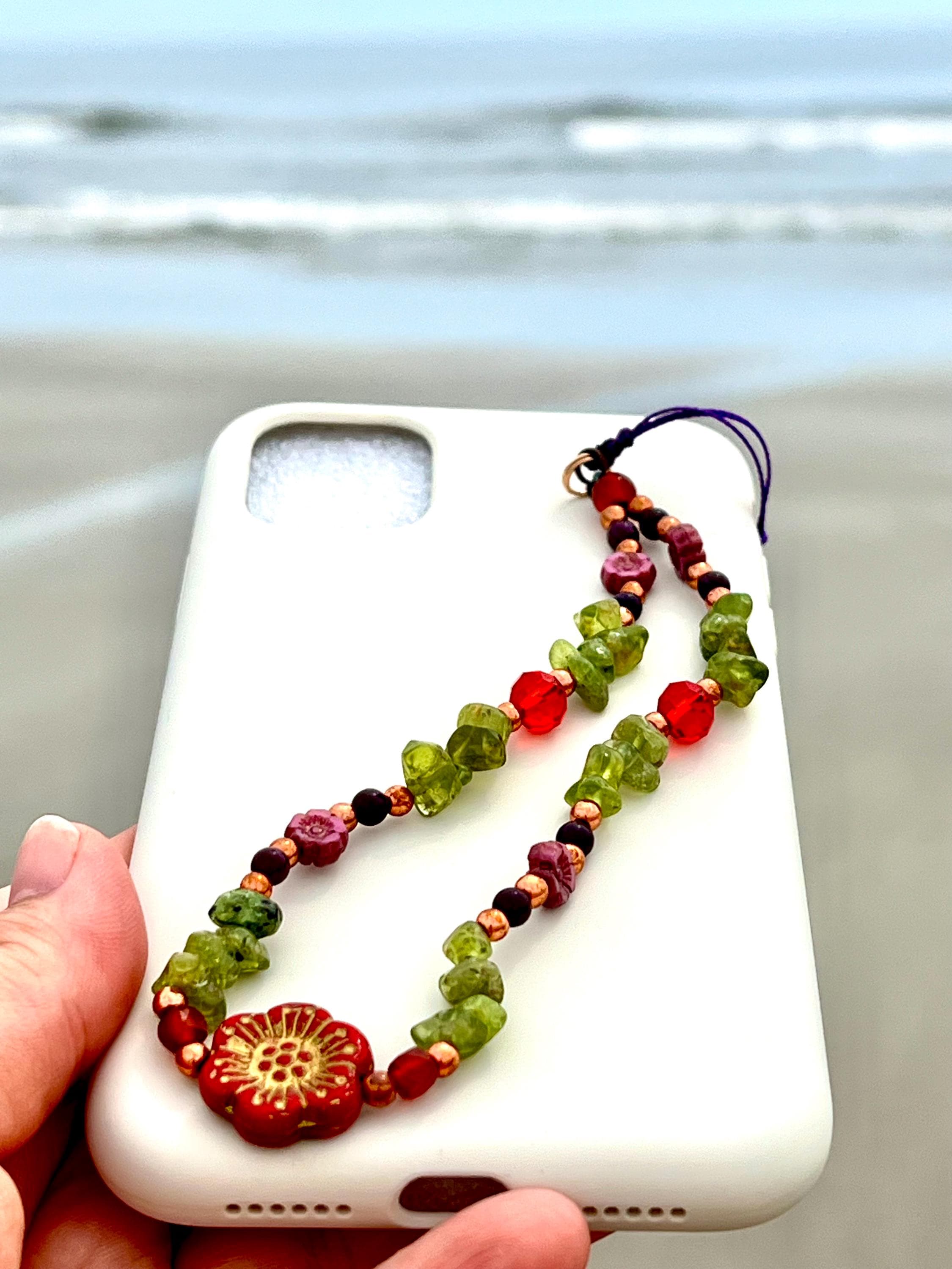 Peridot Phone Chain, August Zodiac Gemstone Strap, Healing Crystal Phone Bracelet, Bead Key Charm, Floral Phone Wristlet, Phone Case String