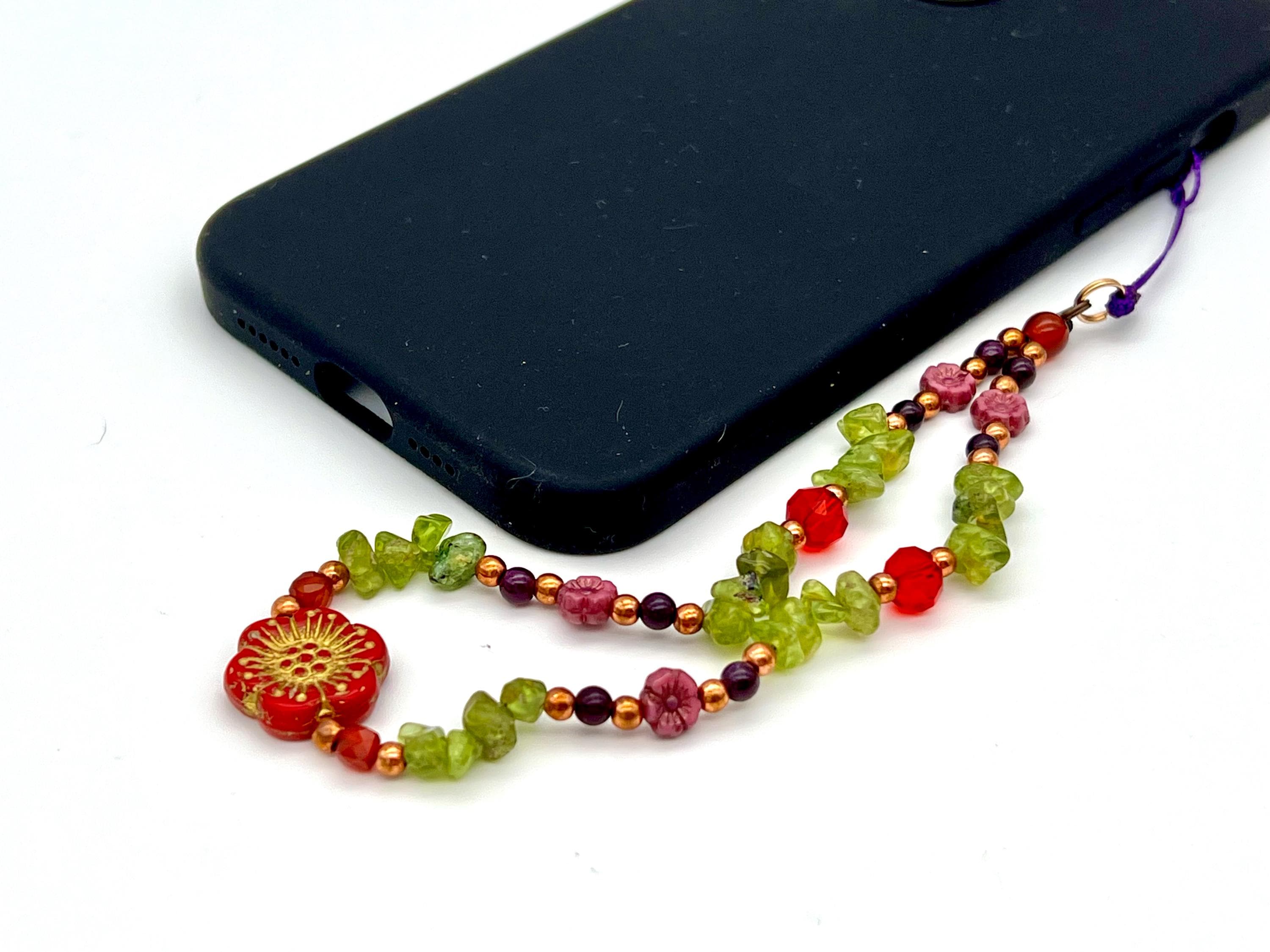 Peridot Phone Chain, August Zodiac Gemstone Strap, Healing Crystal Phone Bracelet, Bead Key Charm, Floral Phone Wristlet, Phone Case String