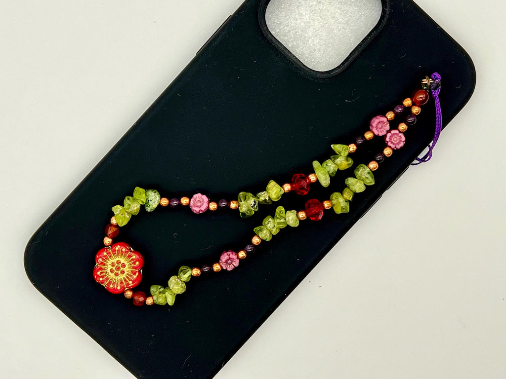 Peridot Phone Chain, August Zodiac Gemstone Strap, Healing Crystal Phone Bracelet, Bead Key Charm, Floral Phone Wristlet, Phone Case String