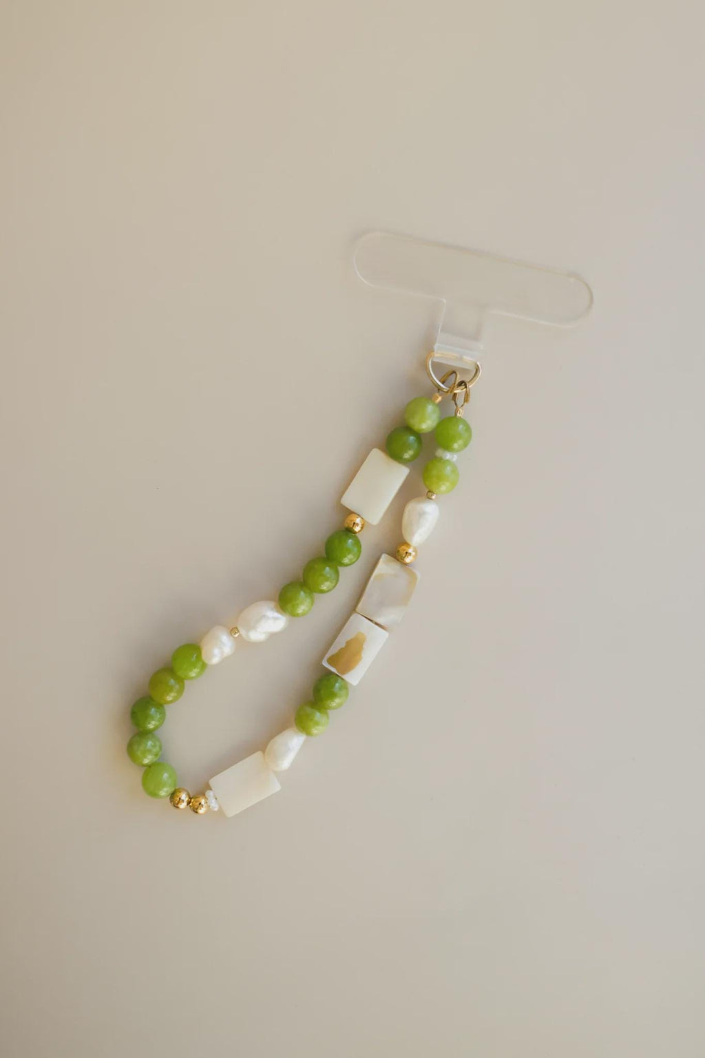 Green Peridot + Pearl Gemstone Beaded Phone Charm Strap: Universal Wrist Lanyard