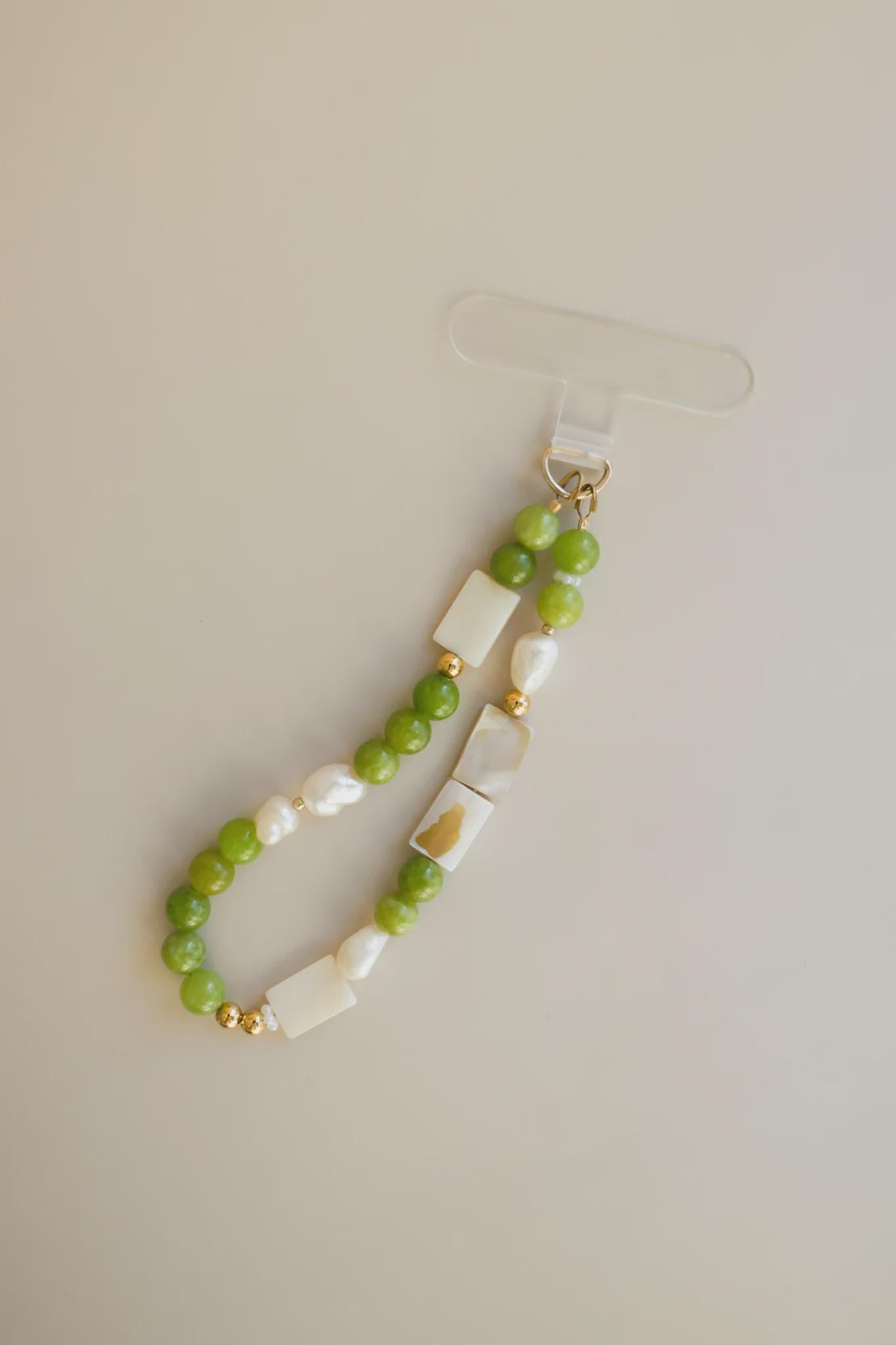 Green Peridot + Pearl Gemstone Beaded Phone Charm Strap: Universal Wrist Lanyard