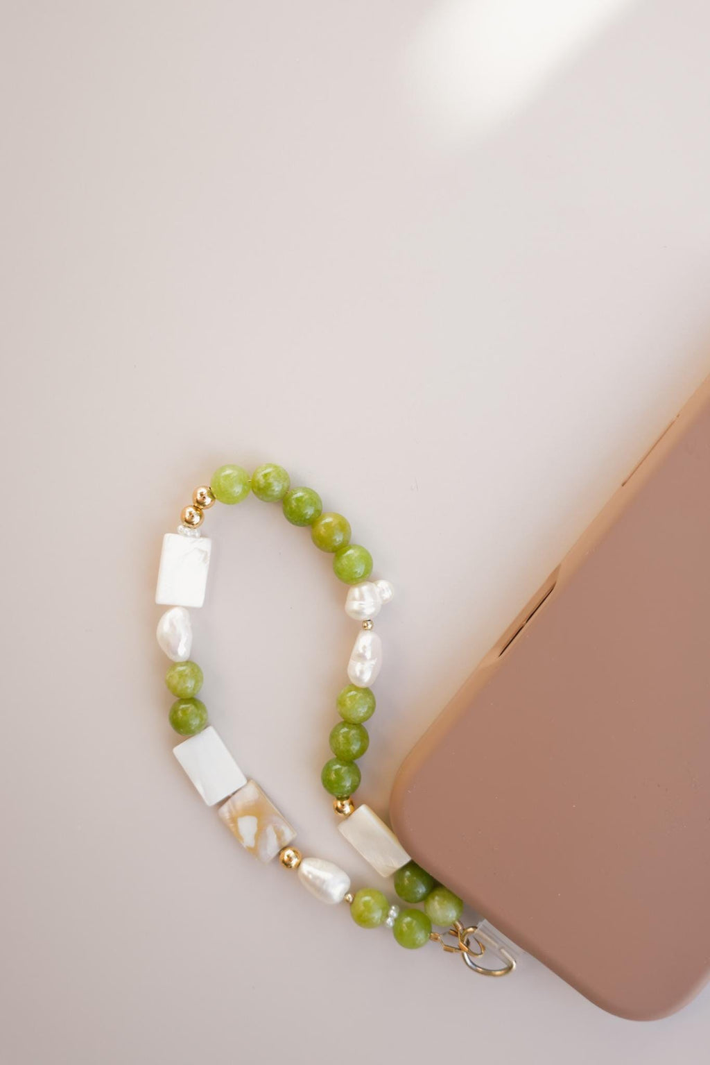Green Peridot + Pearl Gemstone Beaded Phone Charm Strap: Universal Wrist Lanyard