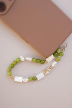 Green Peridot + Pearl Gemstone Beaded Phone Charm Strap: Universal Wrist Lanyard