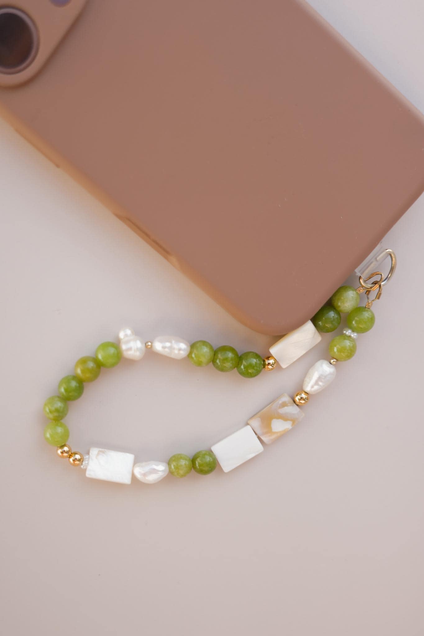 Green Peridot + Pearl Gemstone Beaded Phone Charm Strap: Universal Wrist Lanyard