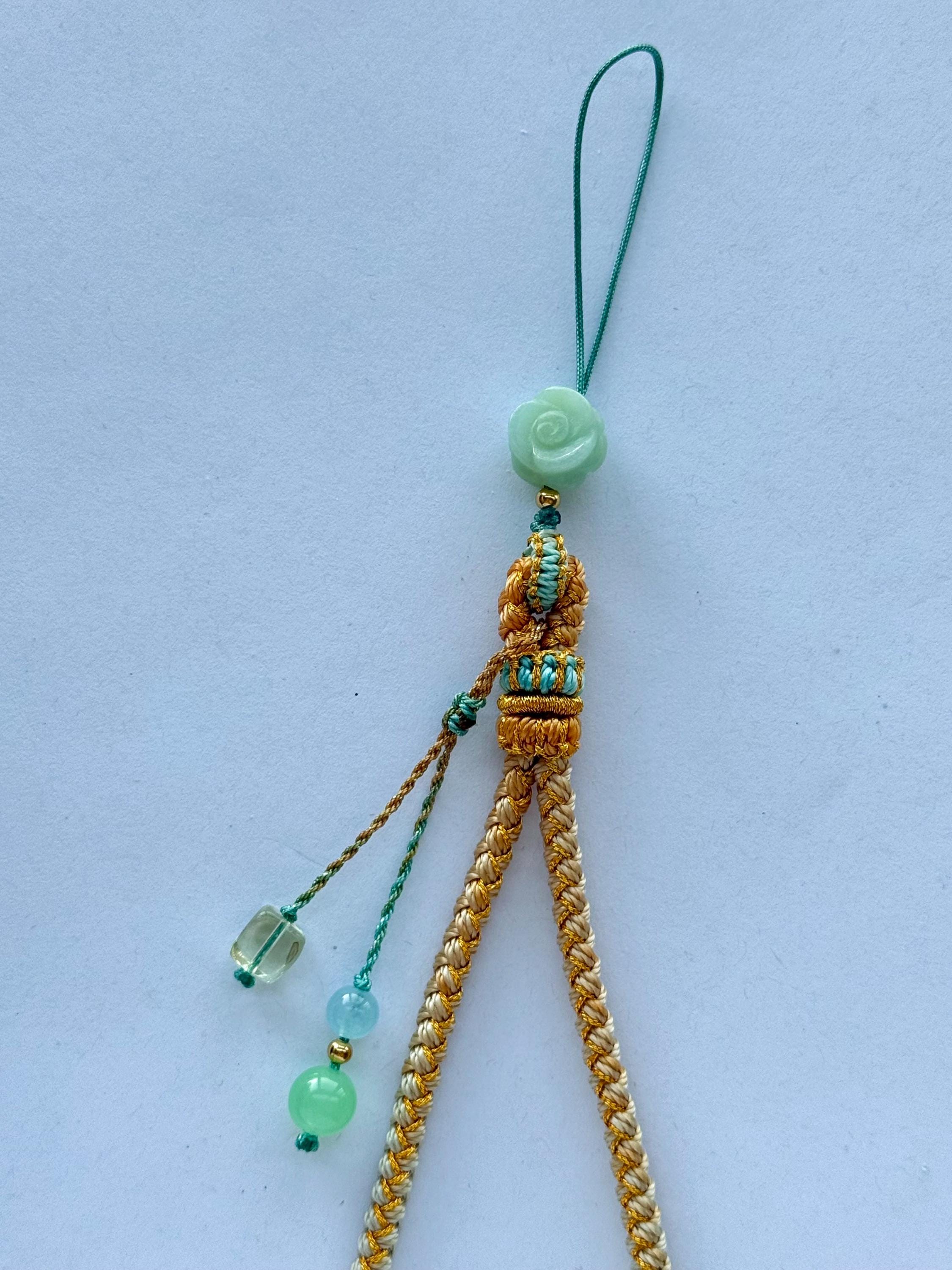 Handmade Phone Strap / Camera Lanyard With Gemstones, Braided Wristlet With Rose Charm #14