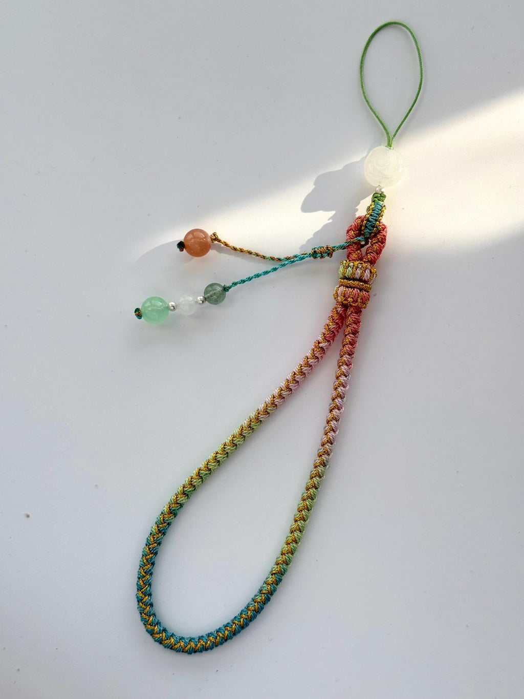 Handmade Phone Strap / Camera Lanyard With Gemstones, Braided Wristlet With Rose Charm #14
