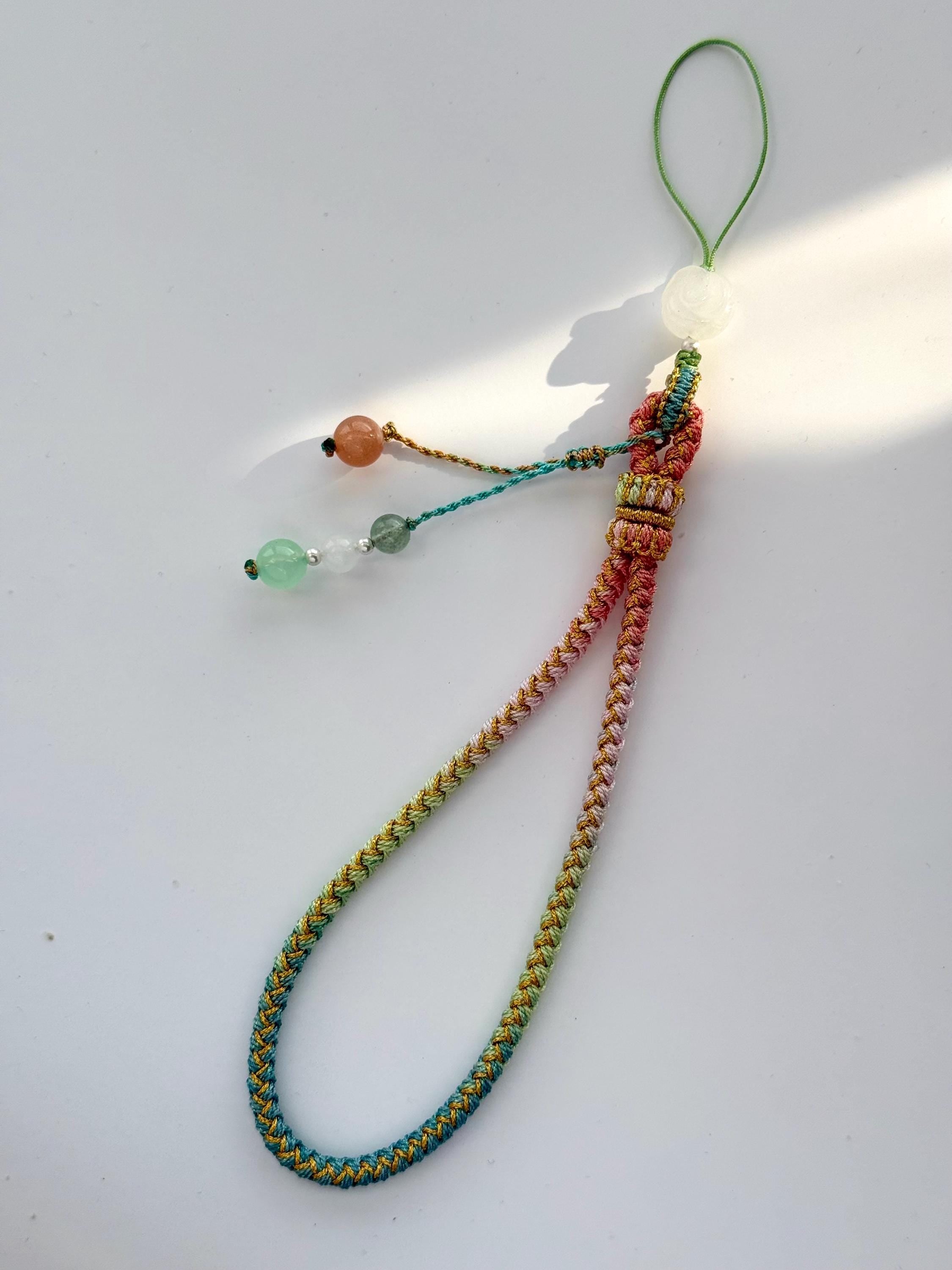 Handmade Phone Strap / Camera Lanyard With Gemstones, Braided Wristlet With Rose Charm #14