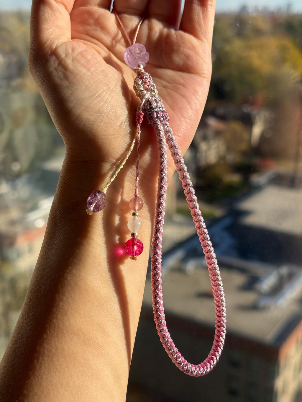 Handmade Phone Strap / Camera Lanyard With Gemstones, Braided Wristlet With Rose Charm #14