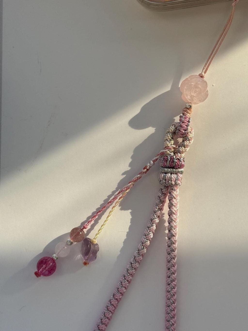 Handmade Phone Strap / Camera Lanyard With Gemstones, Braided Wristlet With Rose Charm #14