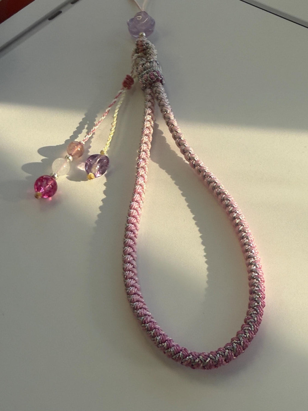 Handmade Phone Strap / Camera Lanyard With Gemstones, Braided Wristlet With Rose Charm #14