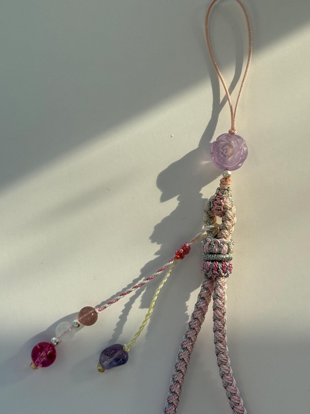 Handmade Phone Strap / Camera Lanyard With Gemstones, Braided Wristlet With Rose Charm #14