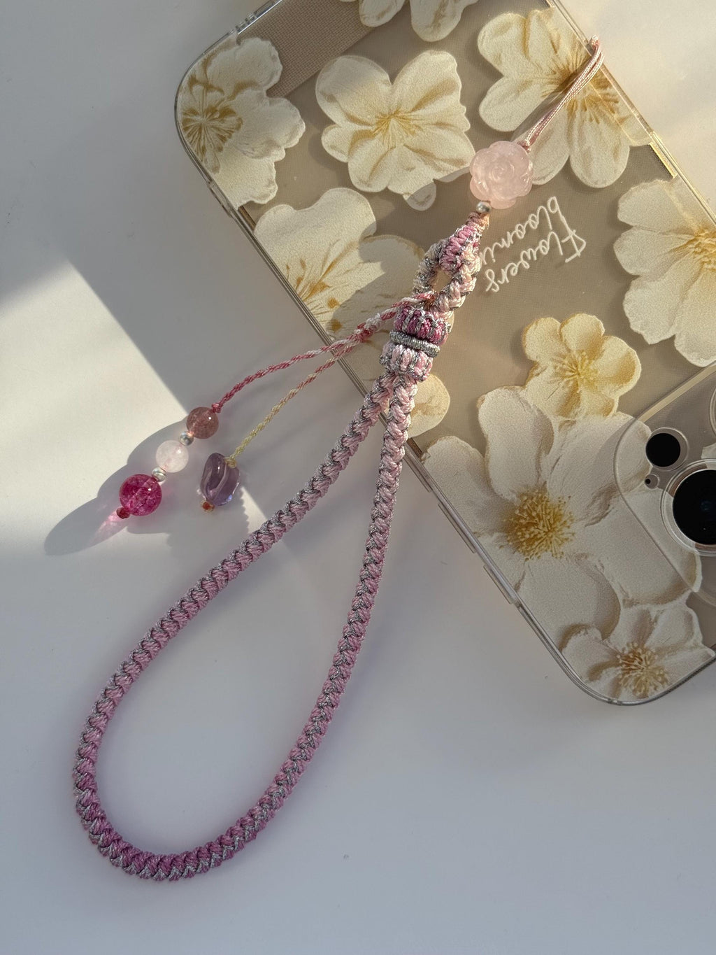 Handmade Phone Strap / Camera Lanyard With Gemstones, Braided Wristlet With Rose Charm #14
