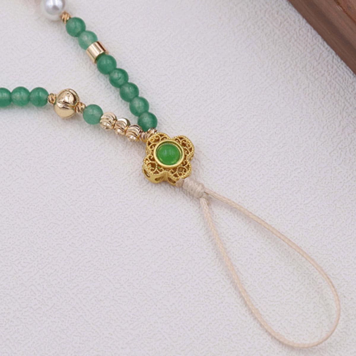 Gemstone Phone Charm: Green Beaded Phone Strap With Pearl & Agate, Handmade Crystal Phone Wristlet, Lucky Phone Accessory