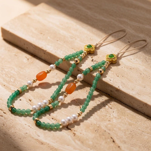 Gemstone Phone Charm: Green Beaded Phone Strap With Pearl & Agate, Handmade Crystal Phone Wristlet, Lucky Phone Accessory