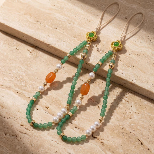 Gemstone Phone Charm: Green Beaded Phone Strap With Pearl & Agate, Handmade Crystal Phone Wristlet, Lucky Phone Accessory